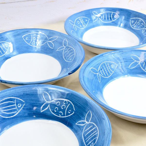 Tuscan Ceramic Pasta Bowls, Fish Design, Set of 2