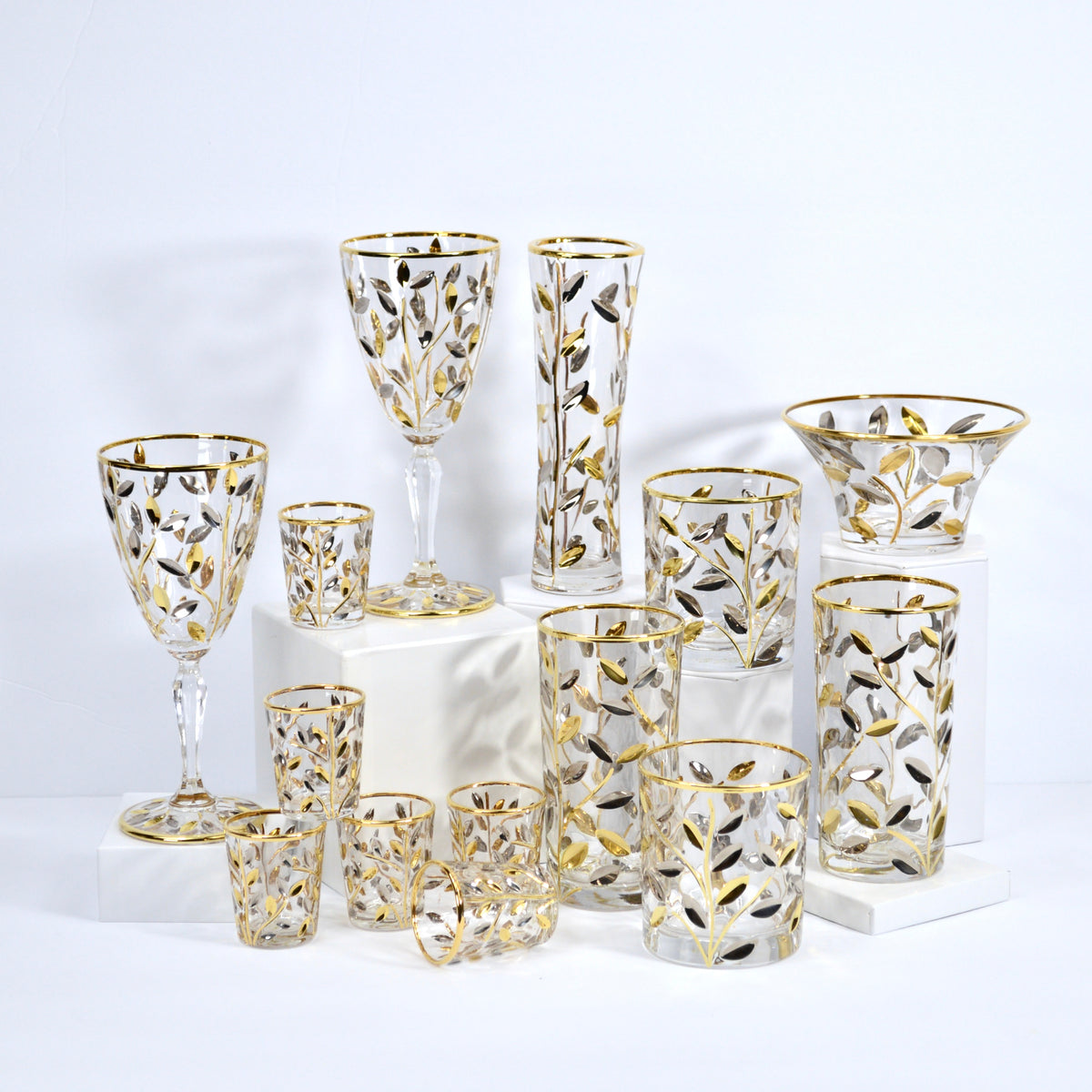 Flowervine Platinum and Gold Italian Crystal Tall Drink Glasses, Set of 2 - My Italian Decor