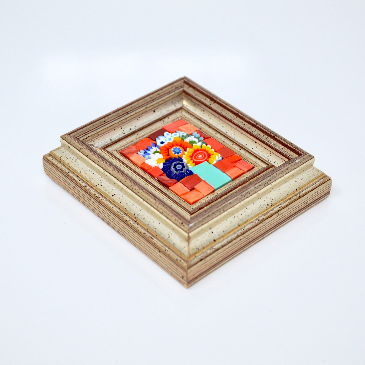 Miniature Framed Glass Floral Mosaic Art, Murano Glass, Red, Orange, Made in Italy - My Italian Decor