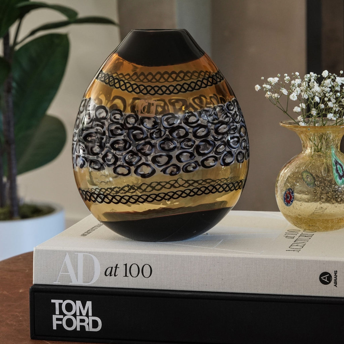 Murano Glass Large Luxury Vase/Vessel, Amber &amp; Black