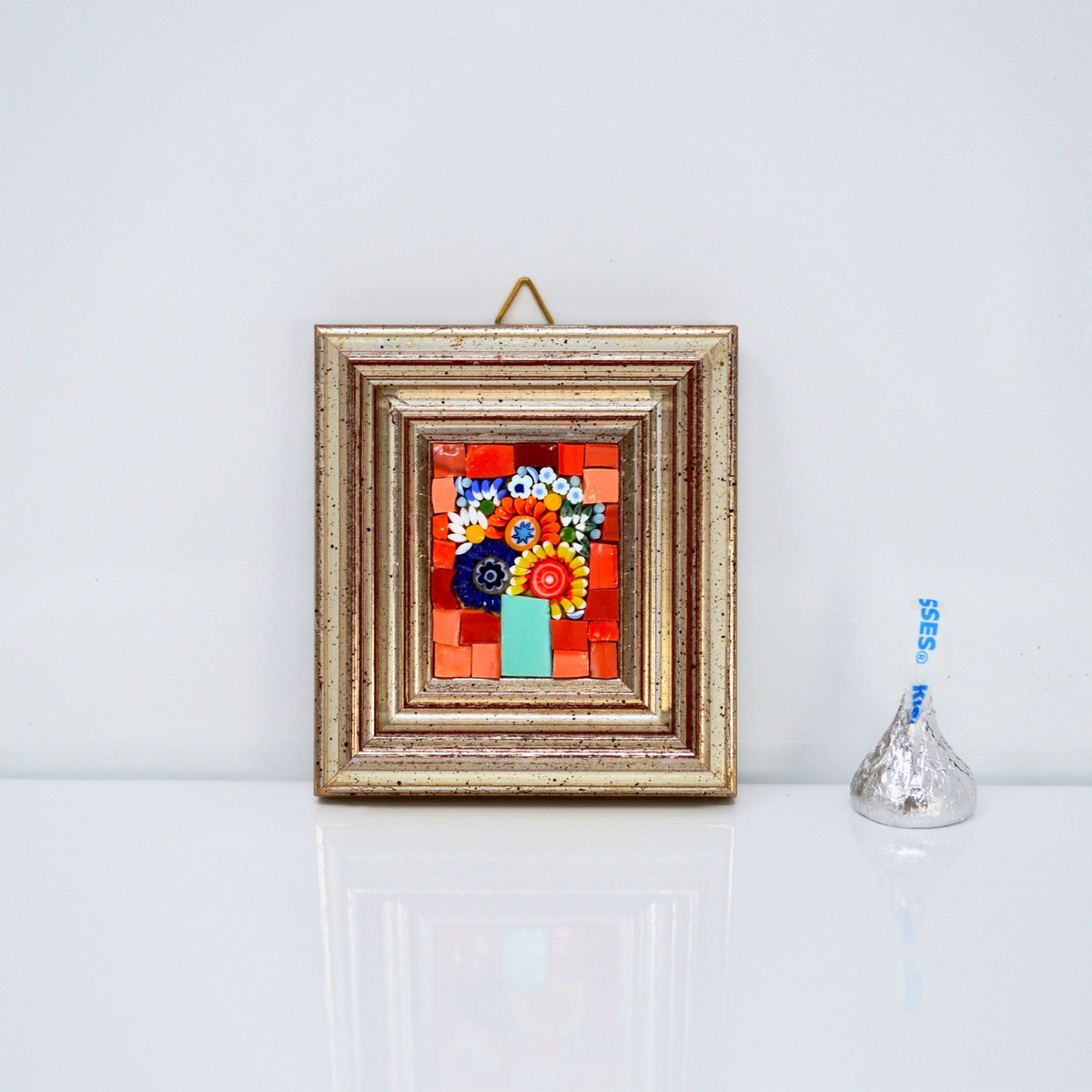 Miniature Framed Glass Floral Mosaic Art, Murano Glass, Red, Orange, Made in Italy - My Italian Decor