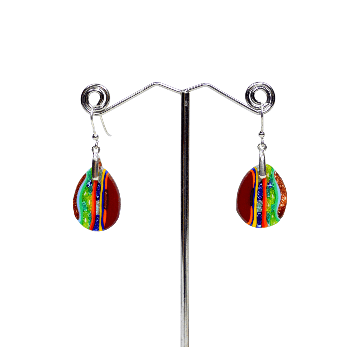 Murano Glass Millefiori Oval Dangle Earrings, Multi-color &amp; Red - My Italian Decor