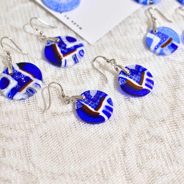 Murano Glass Dangle Earrings, Blue Circle, Made in Italy