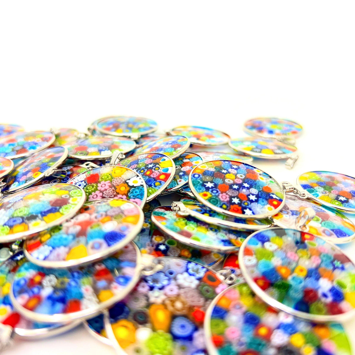 Millefiori Glass Round Disc Pendant Necklace, Multi Color, Silver at MyItalianDecor