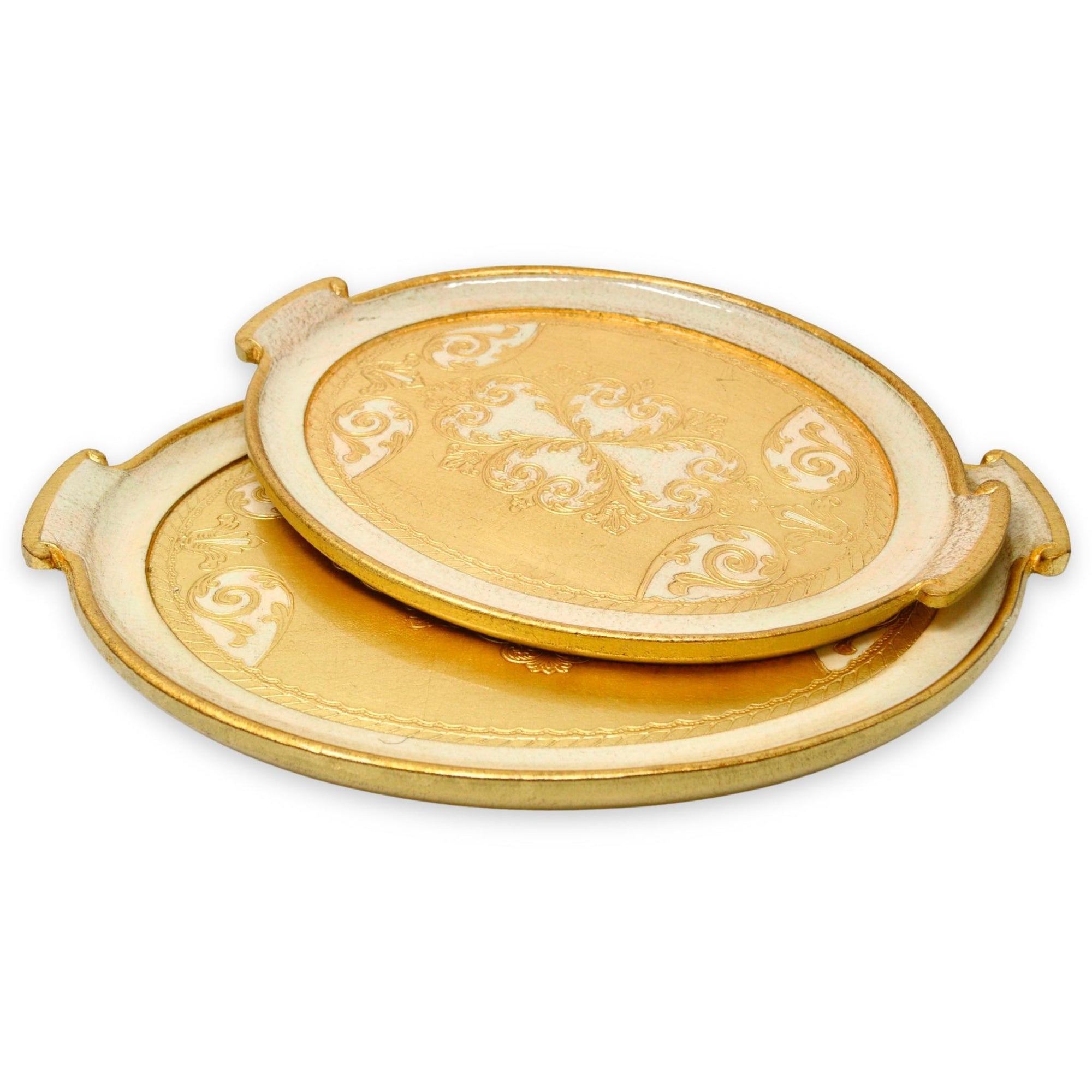 Florentine Carved Gilded Wood, Oval with Handle Trays, Cappuccino, Choice of size - My Italian Decor