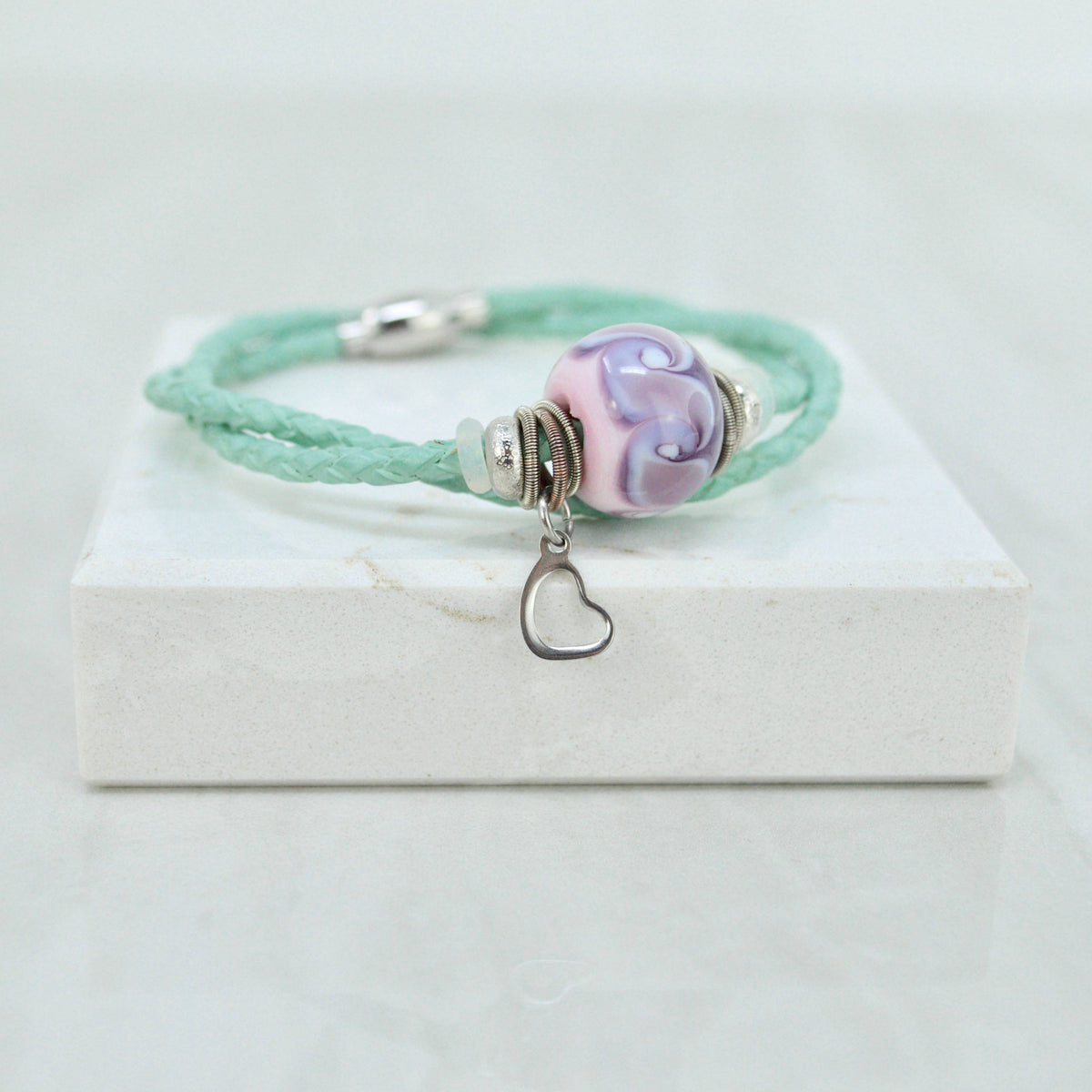 Murano Glass Bead Bracelet With Charm, Leather Band, Sage Green, Made In Italy - My Italian Decor