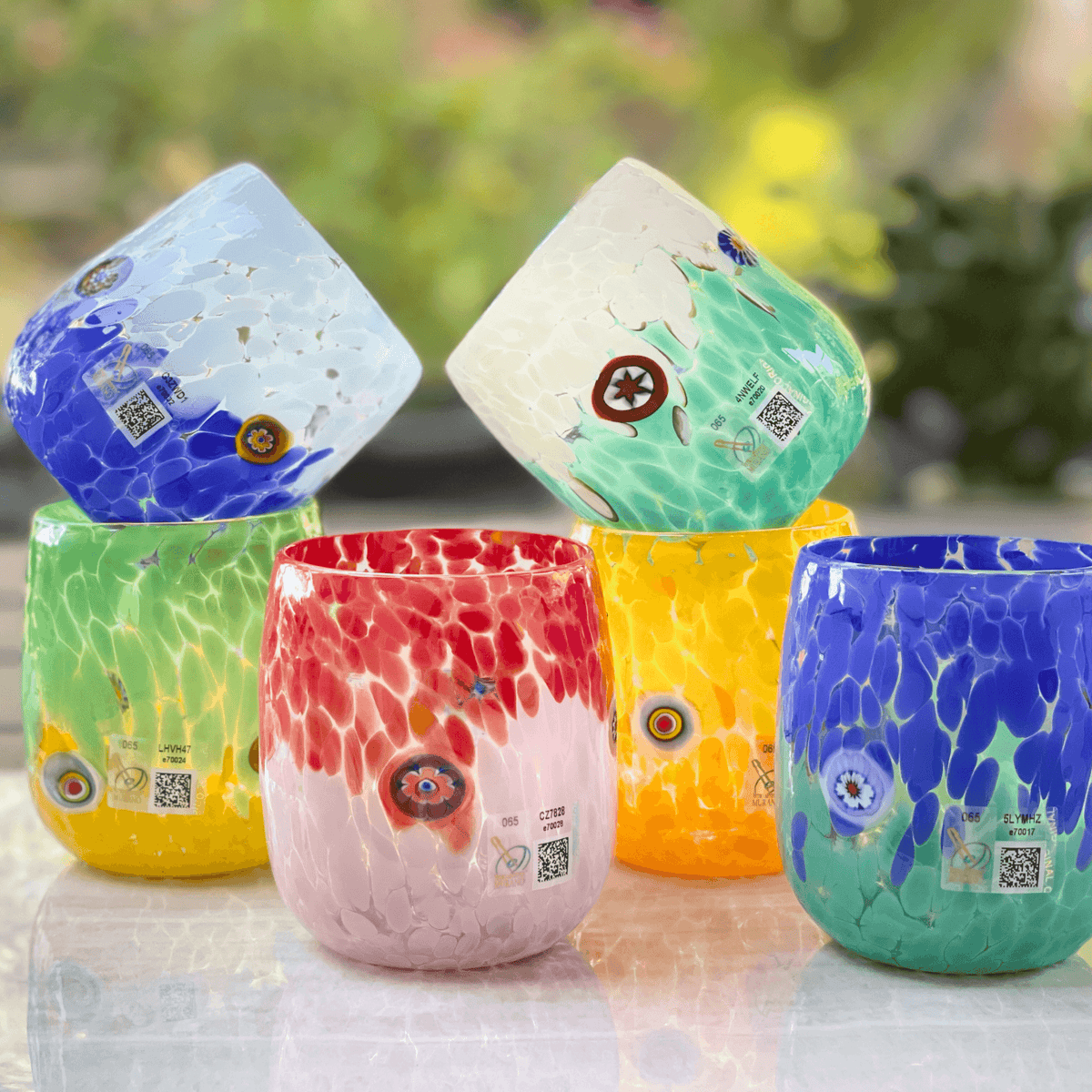 Set of 6 Toscana Stemless Wine Glasses, Multi-color tumblers, Made in Italy at MyItalianDecor