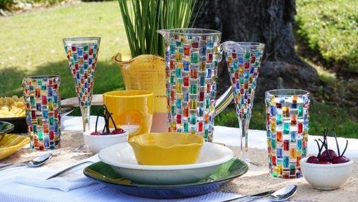 Hand-Painted Italian Crystal and Deruta pottery on picnic table