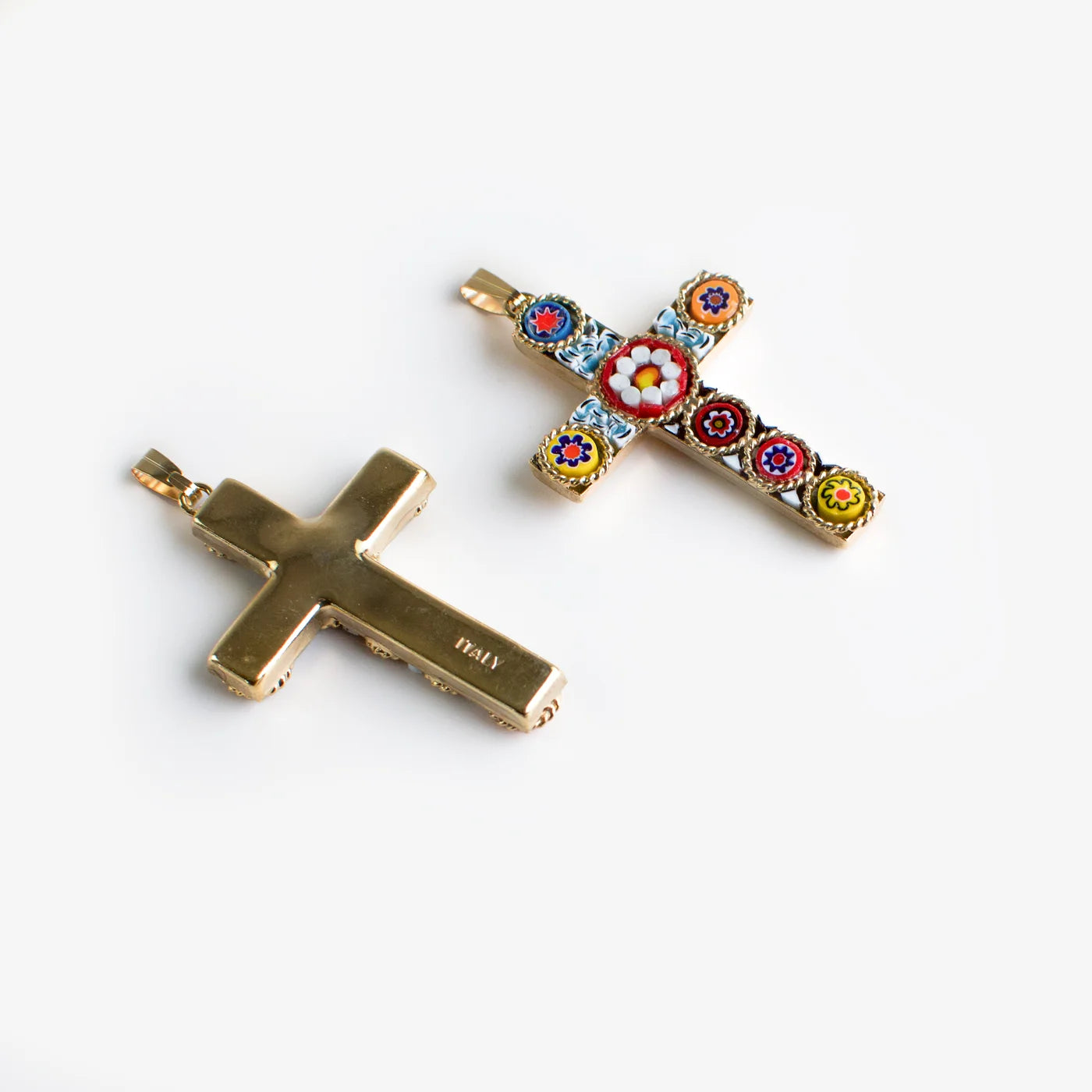 Small Florentine mosaic cross pendant necklace by MyItalianDecor, featuring colorful Italian craftsmanship and intricate mosaic design.