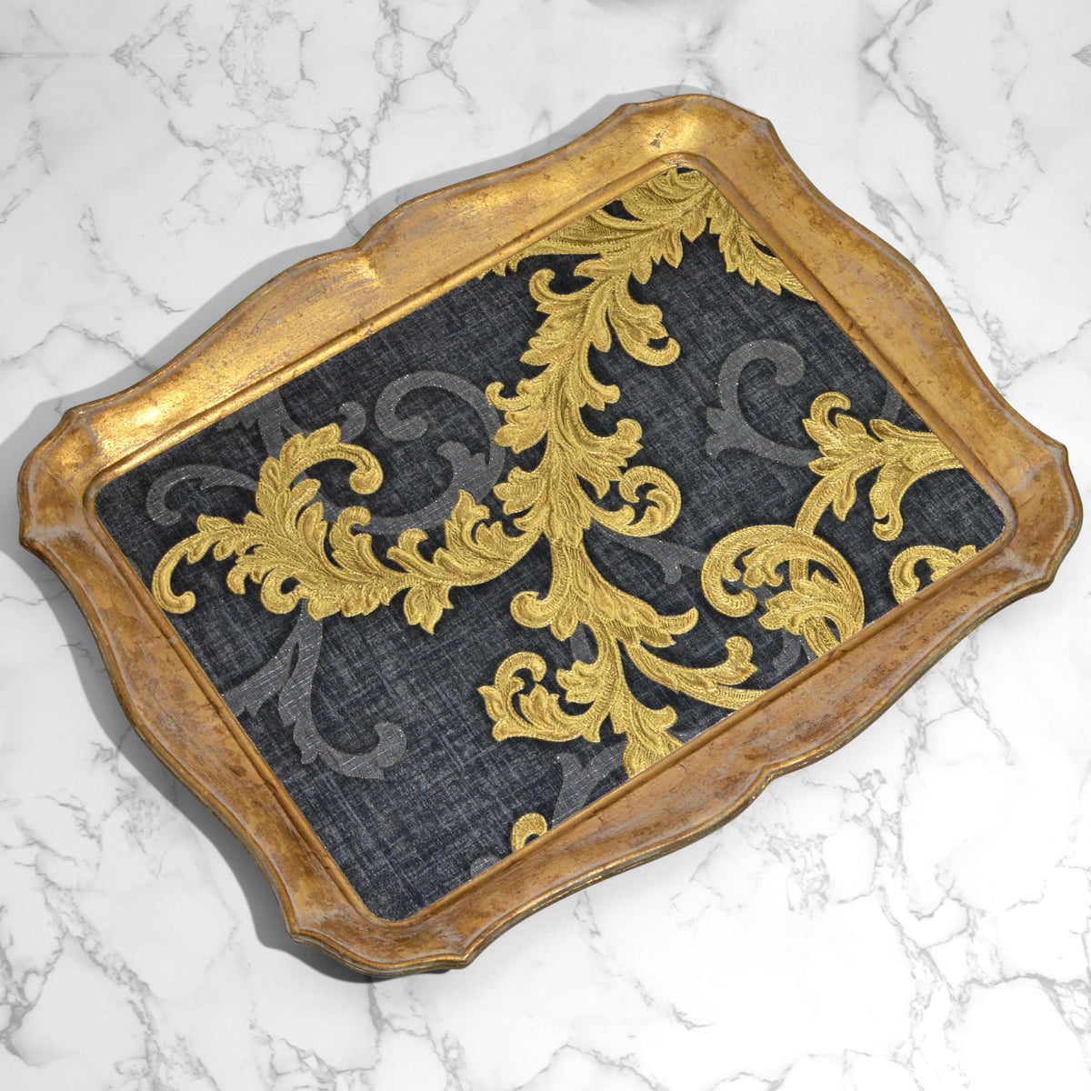 Florentine Carved Versace Fabric Tray, Made in Italy