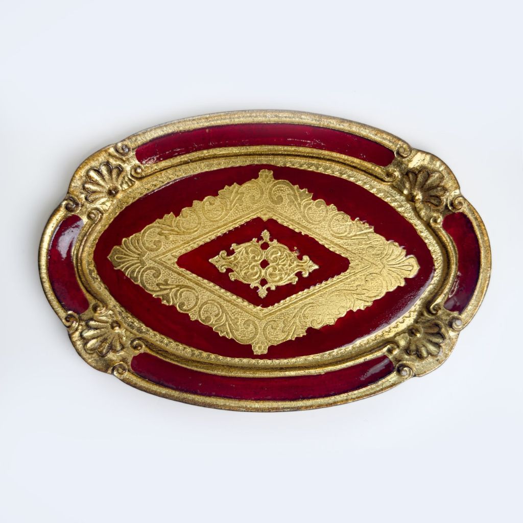 Florentine carved wood oval mini tray in various colors, made in Italy, featuring intricate carved floral patterns.
