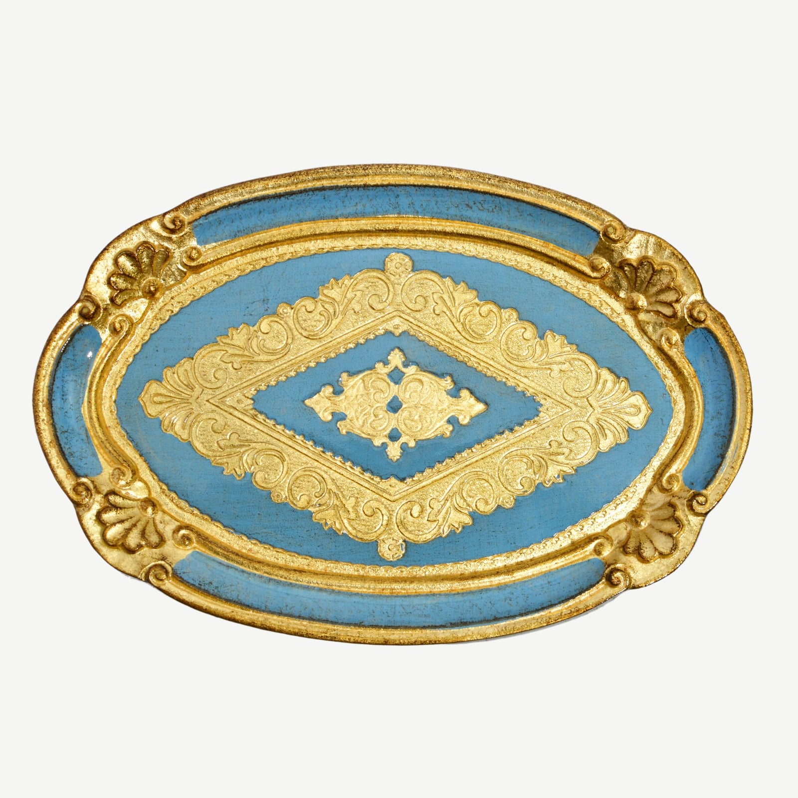 Florentine carved wood oval mini tray in various colors, made in Italy, featuring intricate carved floral patterns.