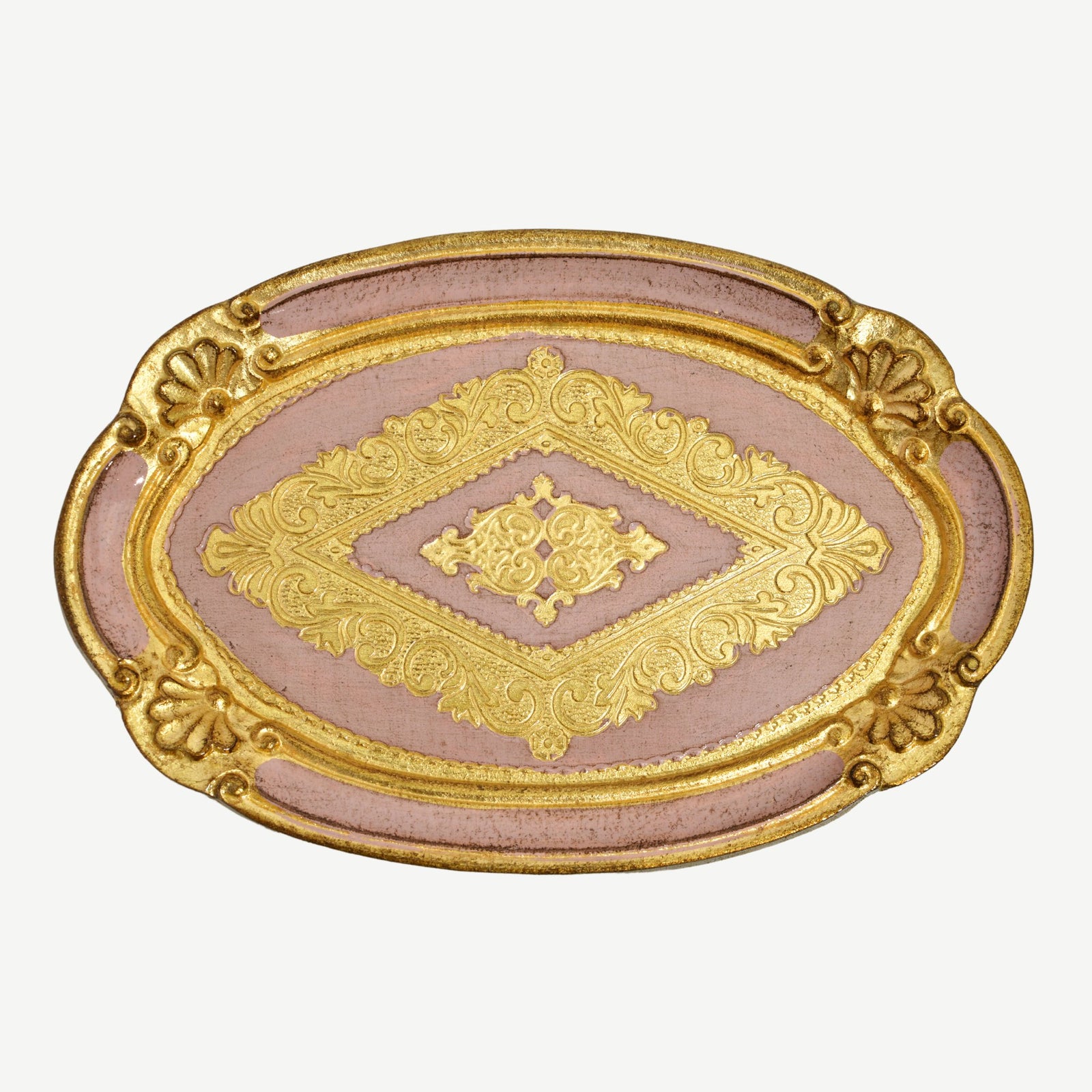 Florentine carved wood oval mini tray in various colors, made in Italy, featuring intricate carved floral patterns.