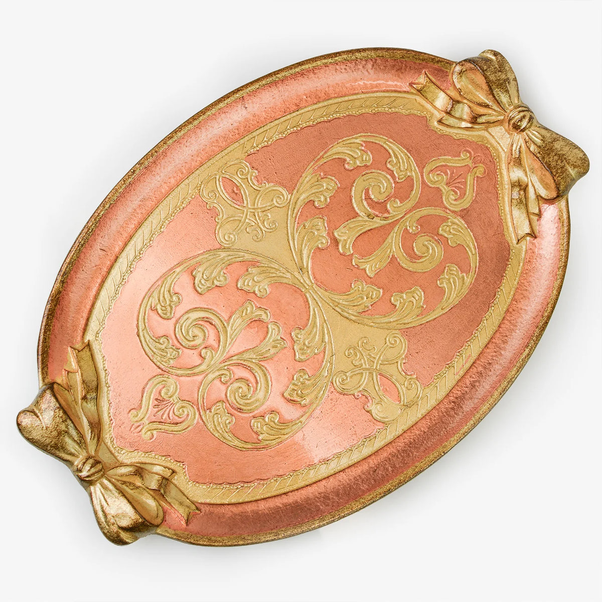 Decorative Florentine carved oval bow tray by My Italian Decor, featuring intricate Italian craftsmanship and detailed design.