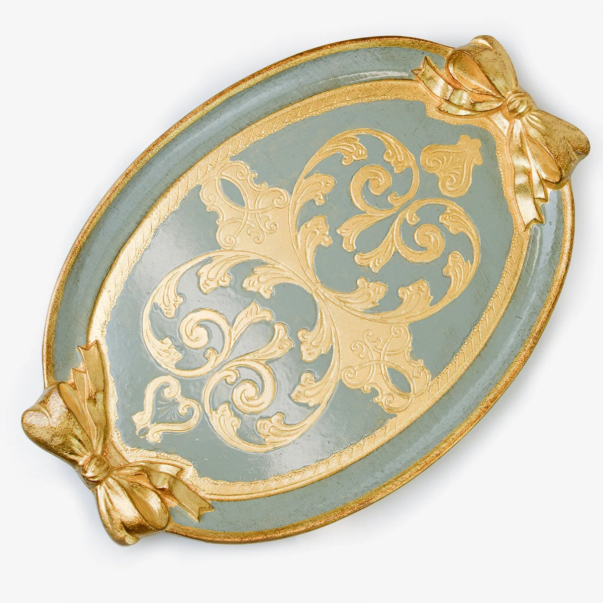 Decorative Florentine carved oval bow tray by My Italian Decor, featuring intricate Italian craftsmanship and detailed patterns.