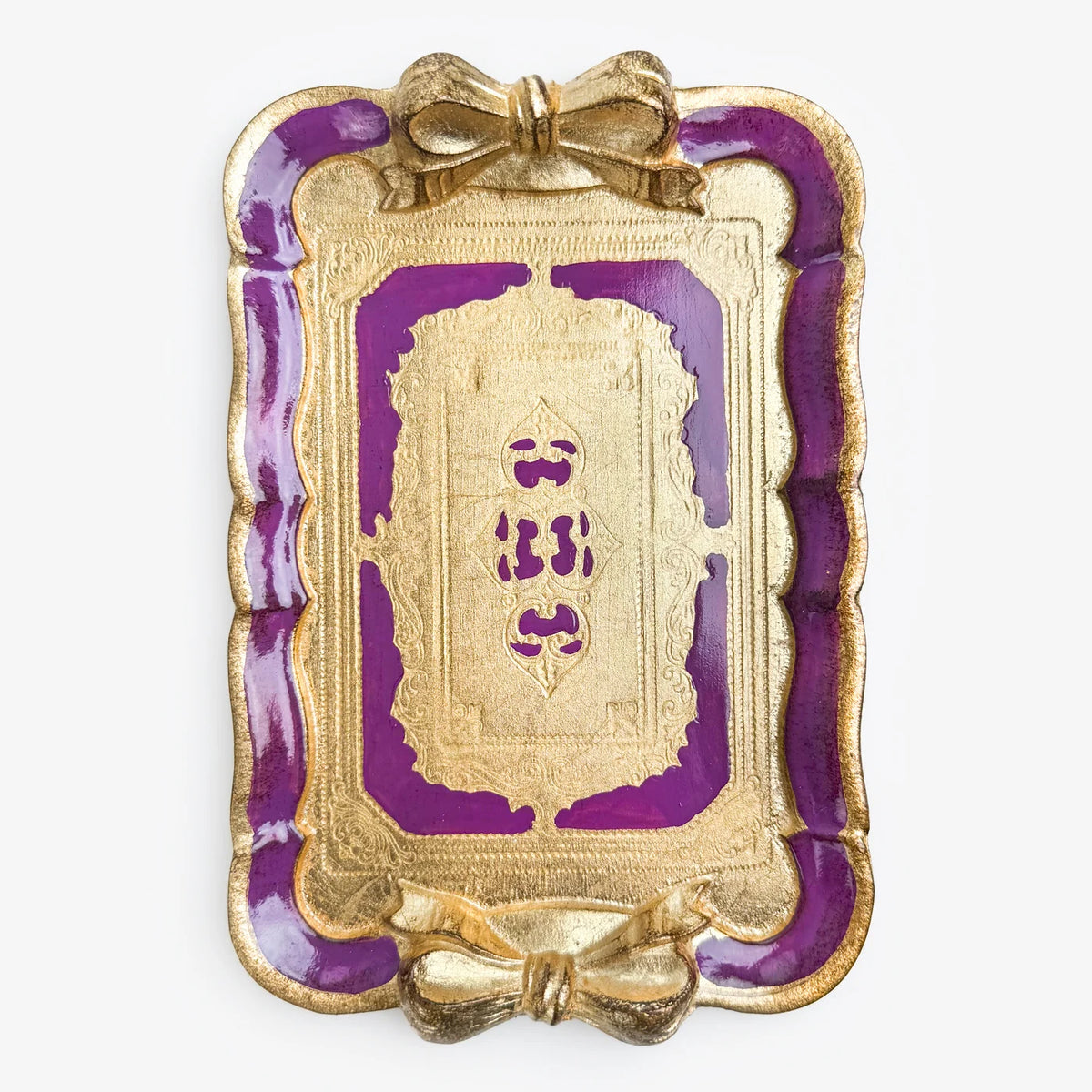 Decorative Florentine carved gilded wood tray with bow detail, made in Italy, featuring intricate design and rich plum finish.