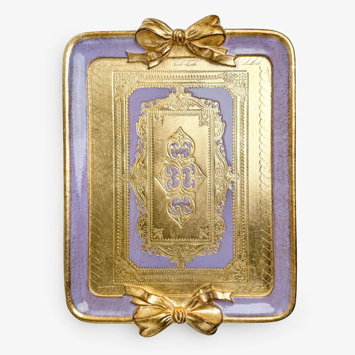 Florentine carved rectangle bow tray in lilac, decorative Italian tray with intricate design, made by My Italian Decor.