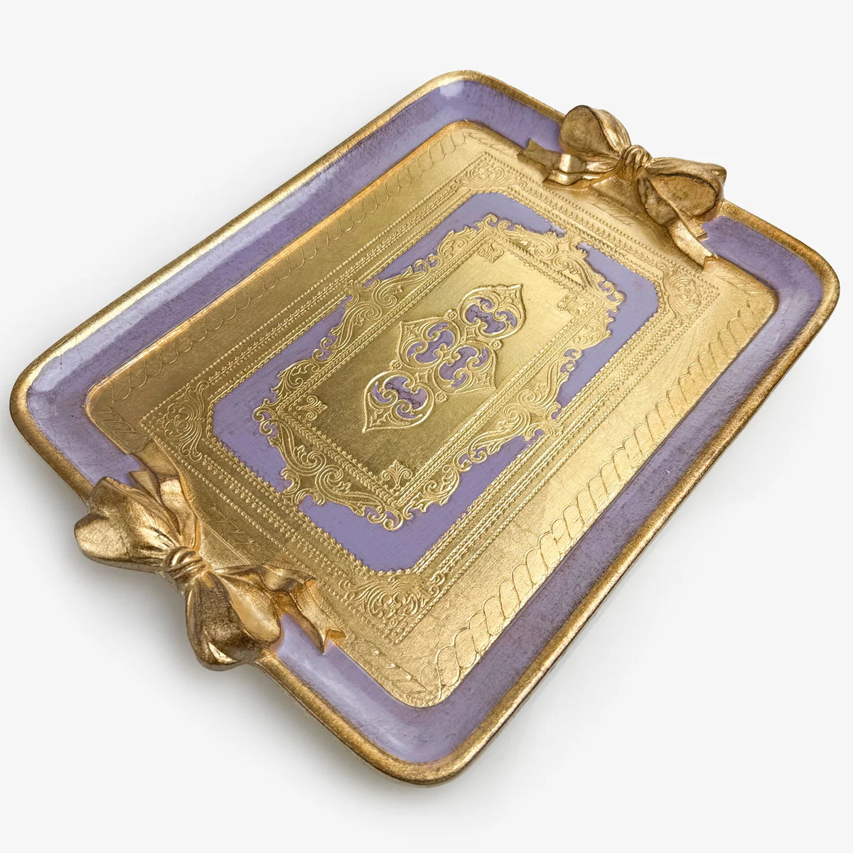Decorative Florentine carved rectangle bow tray in lilac by My Italian Decor, made in Italy, showcasing intricate carved details.