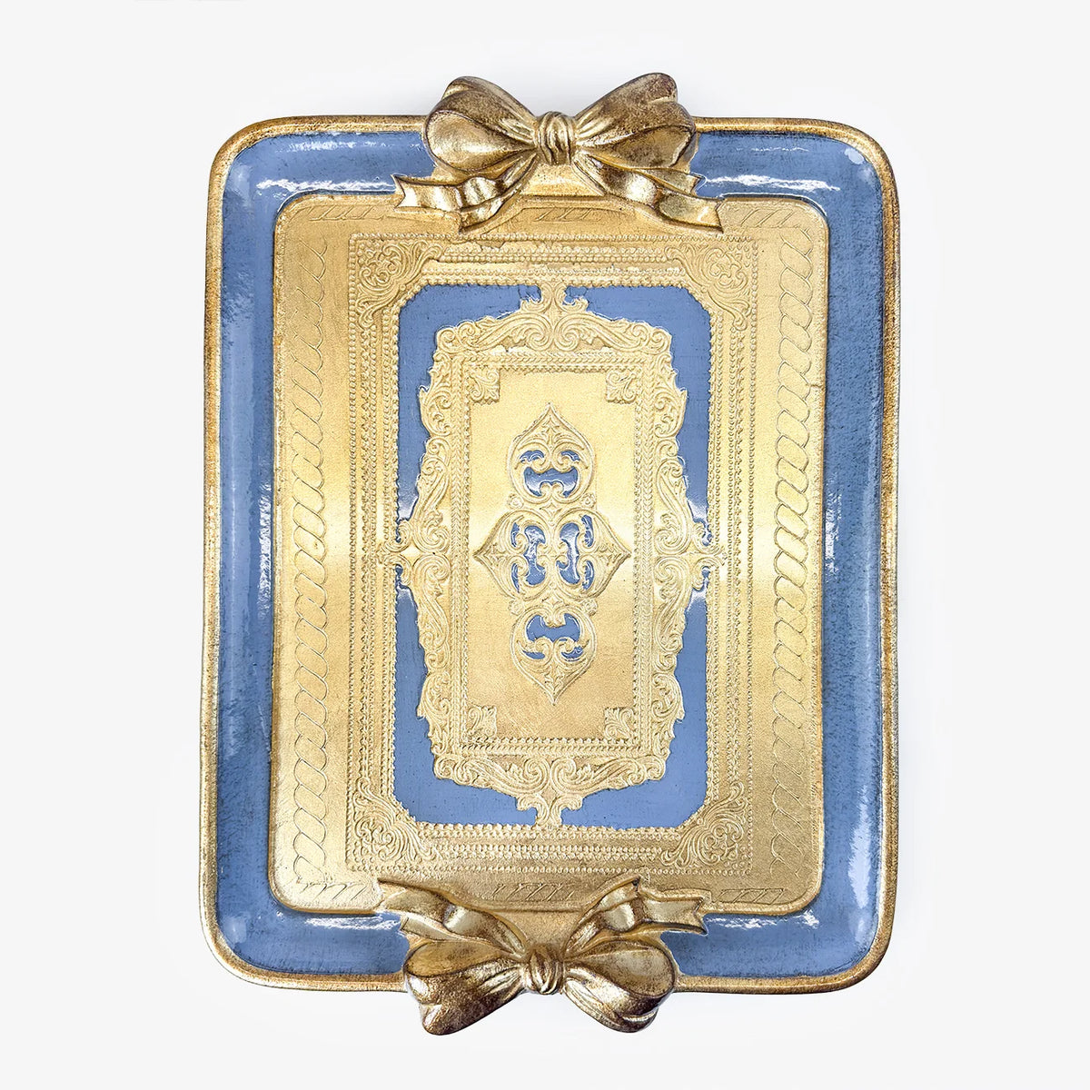 Decorative Florentine carved rectangle bow tray by My Italian Decor, featuring intricate Italian design on a stylish tray.
