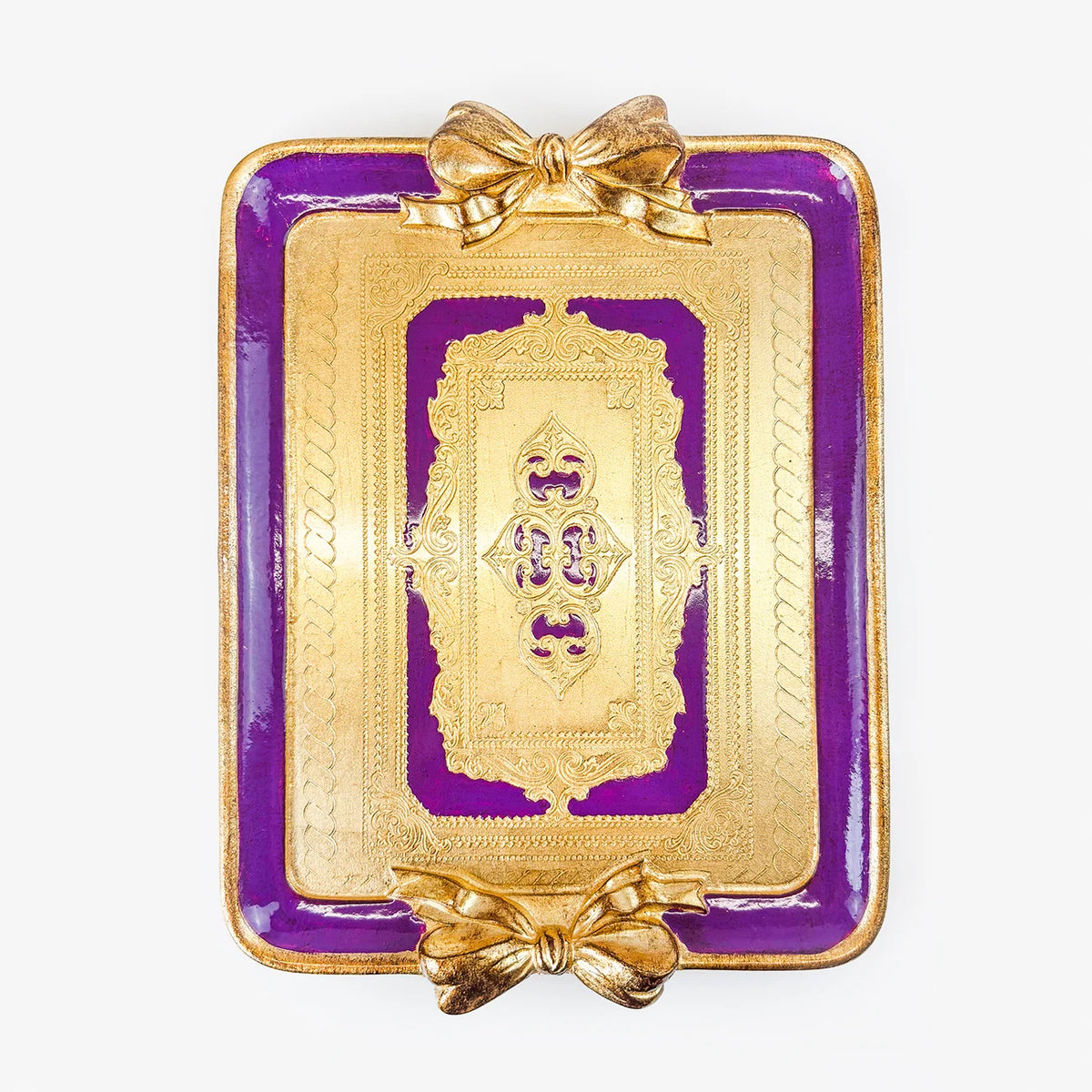Decorative Florentine carved rectangle bow tray by My Italian Decor, featuring intricate Italian craftsmanship and detailed design.