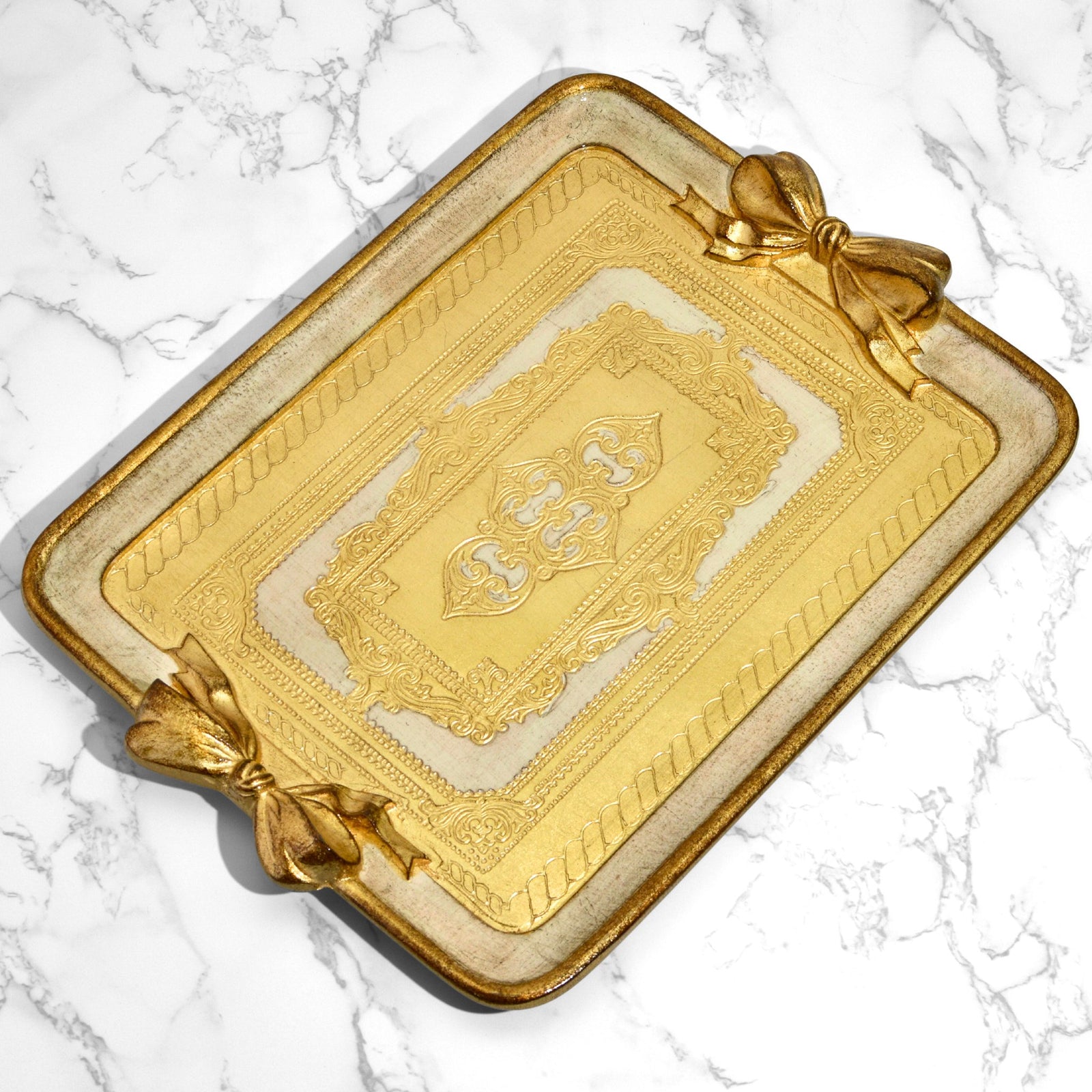 Rectangular Florentine carved bow tray in white, pink, and cappuccino by My Italian Decor, showcasing intricate Italian craftsmanship.