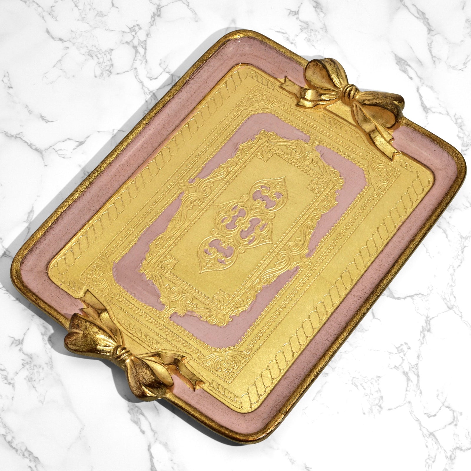 Rectangular Florentine carved bow tray in white, pink, and cappuccino by My Italian Decor, showcasing intricate Italian craftsmanship.