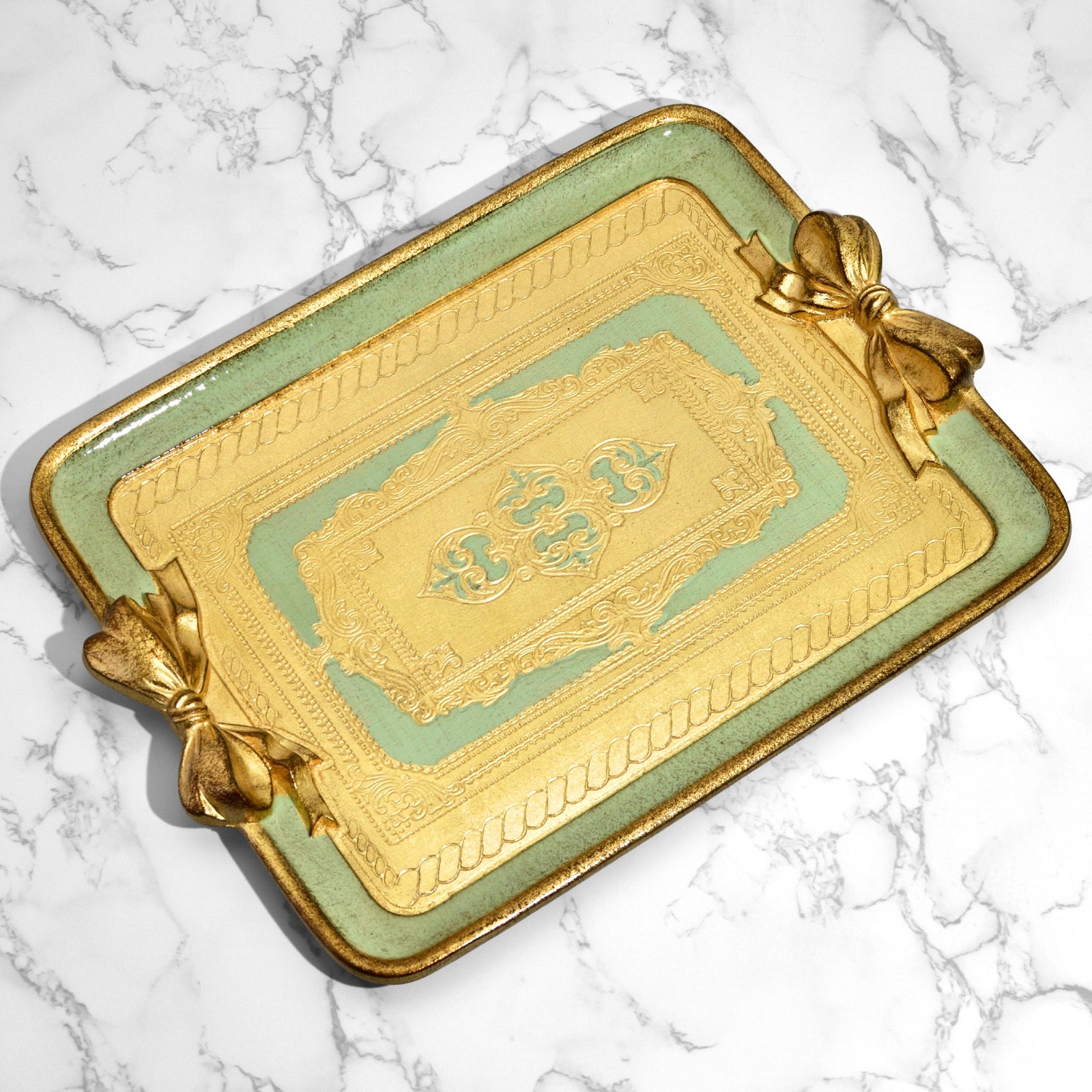 Rectangular Florentine carved bow tray in white, pink, and cappuccino by My Italian Decor, showcasing intricate Italian craftsmanship.