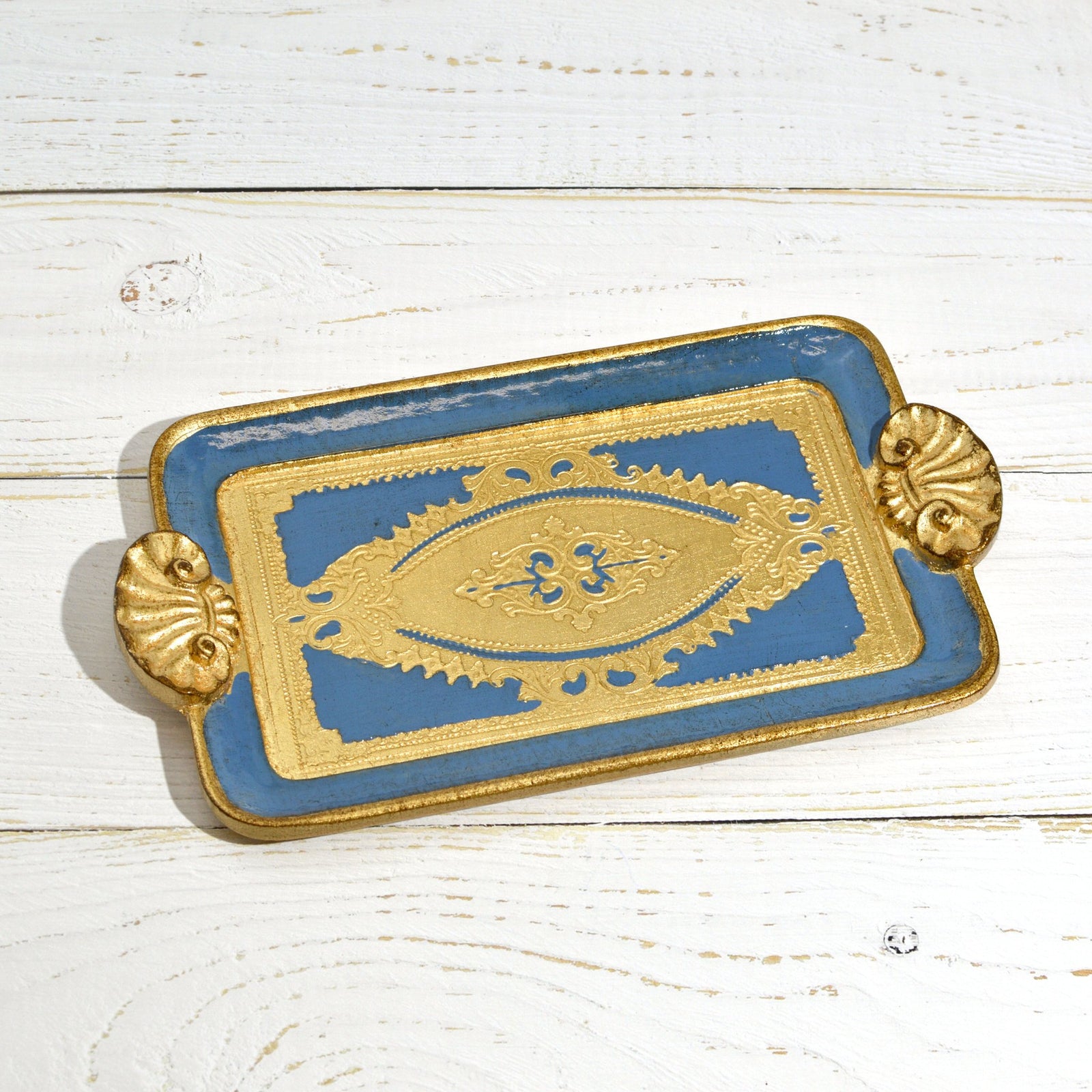 Decorative Florentine carved wood rectangle mini tray with shell handles, made in Italy, by My Italian Decor.