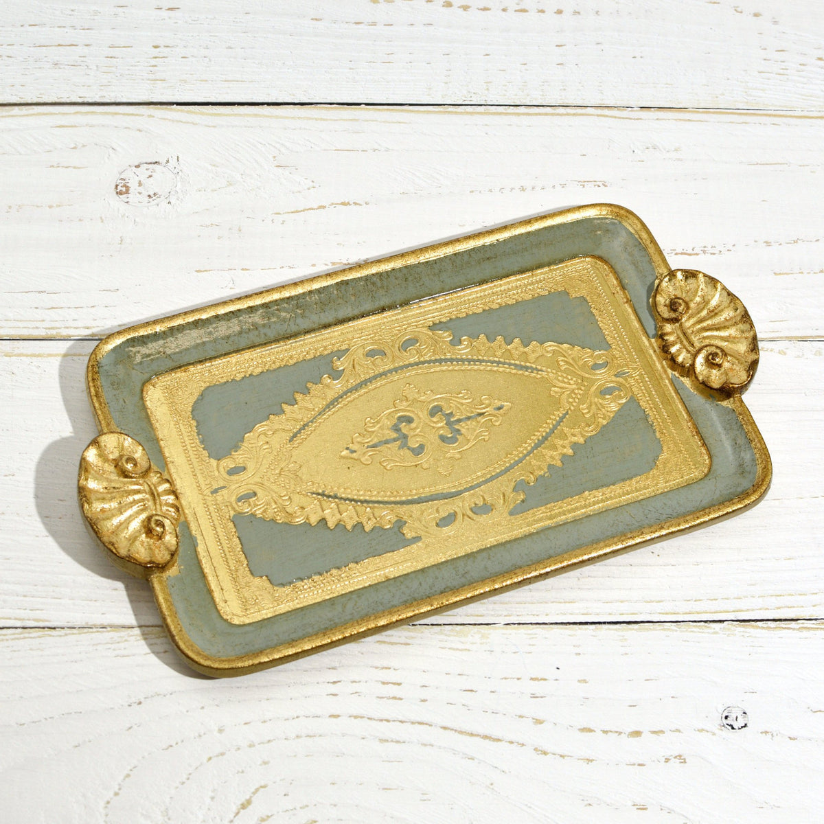 Florentine Carved Wood Rectangle Mini Tray with Shell Handles, Made in Italy