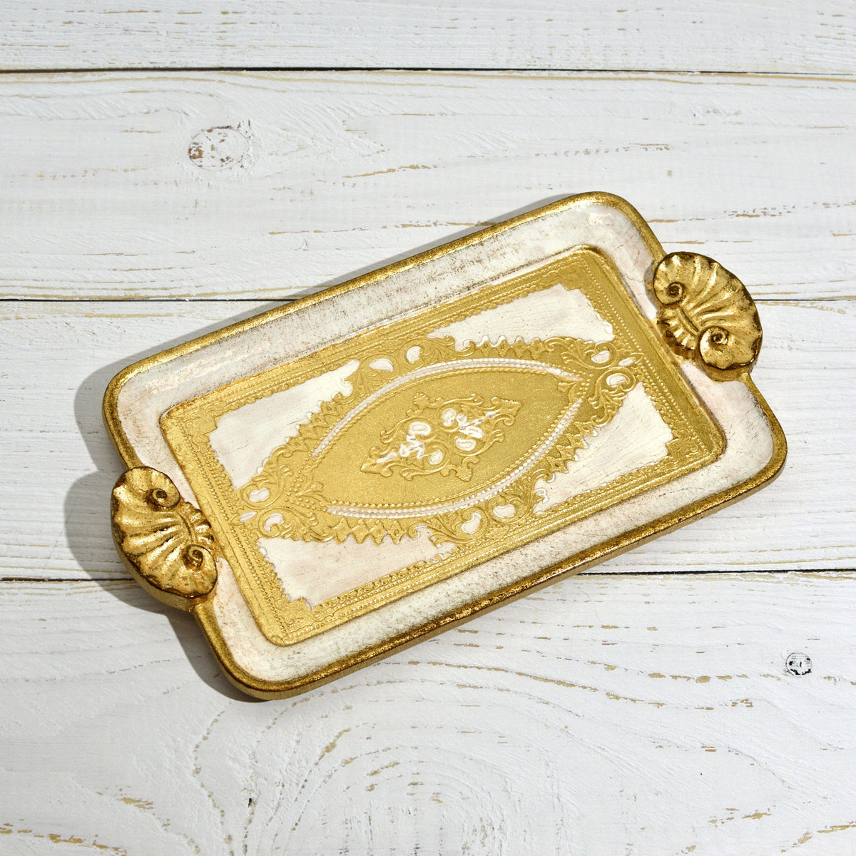 Florentine Carved Wood Rectangle Mini Tray with Shell Handles, Made in Italy