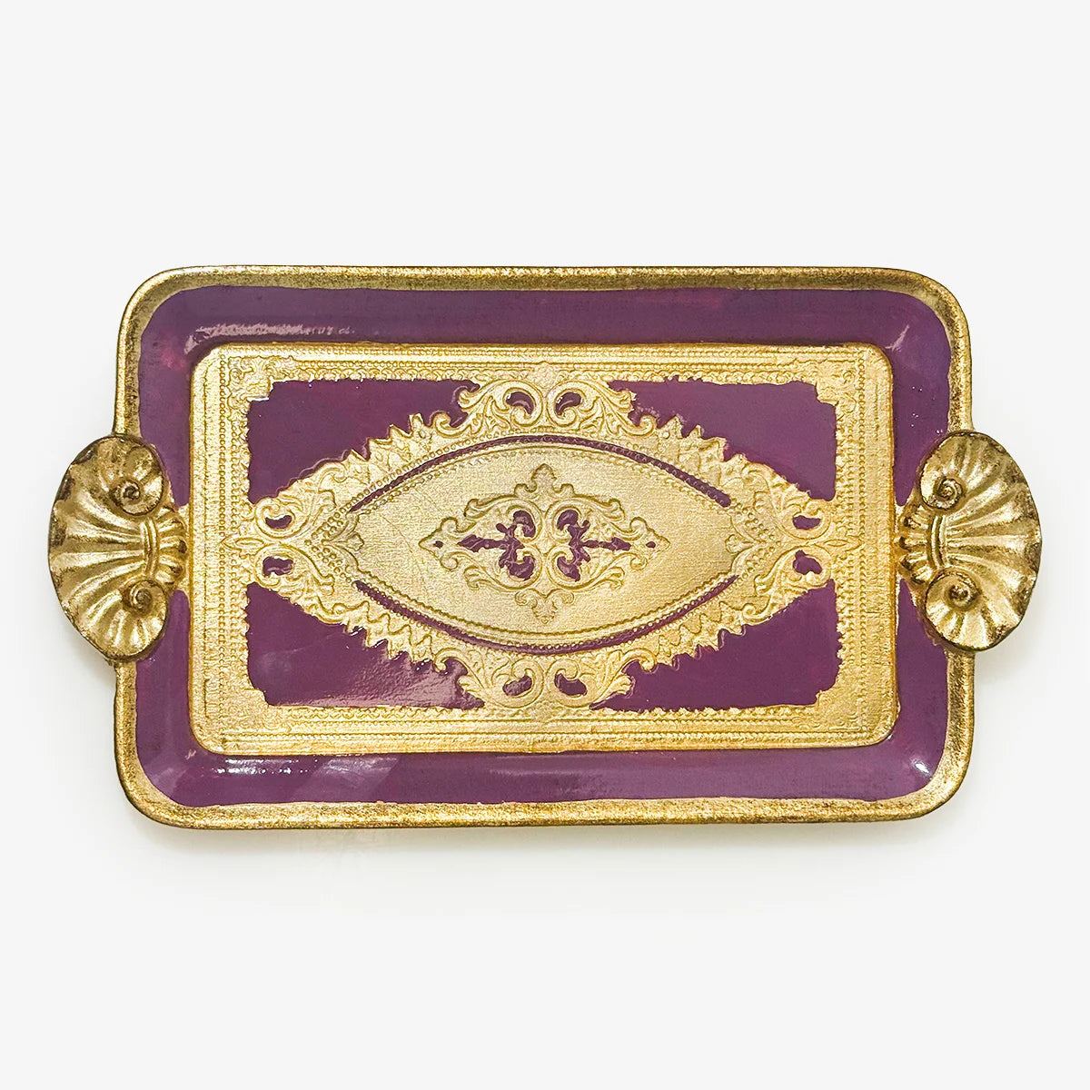 Florentine Carved Wood Rectangle Mini Tray with Shell Handles, Made in Italy
