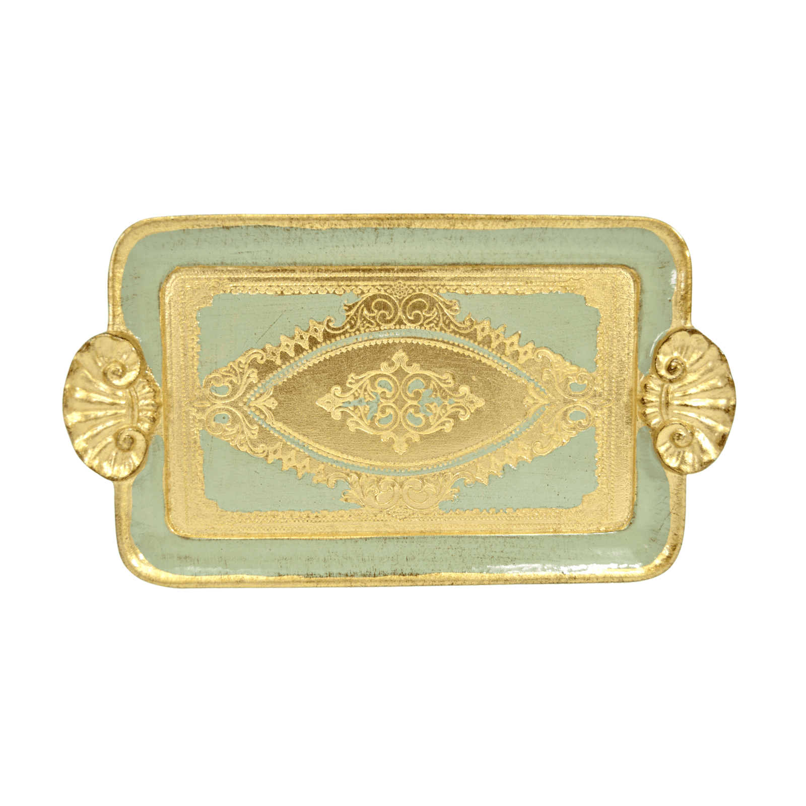Decorative Florentine carved wood rectangle mini tray with shell handles, made in Italy, by My Italian Decor.