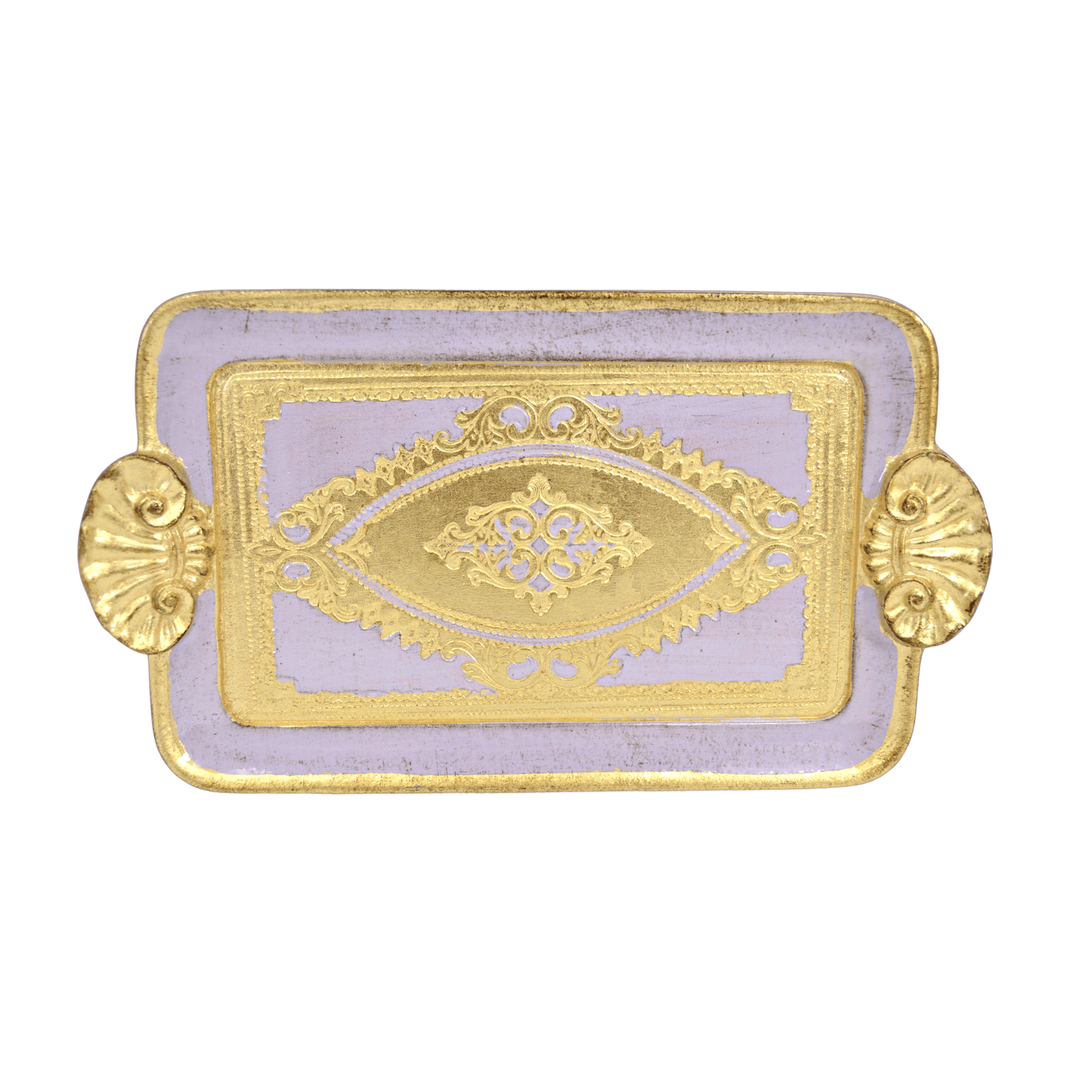 Decorative Florentine carved wood rectangle mini tray with shell handles, made in Italy, by My Italian Decor.