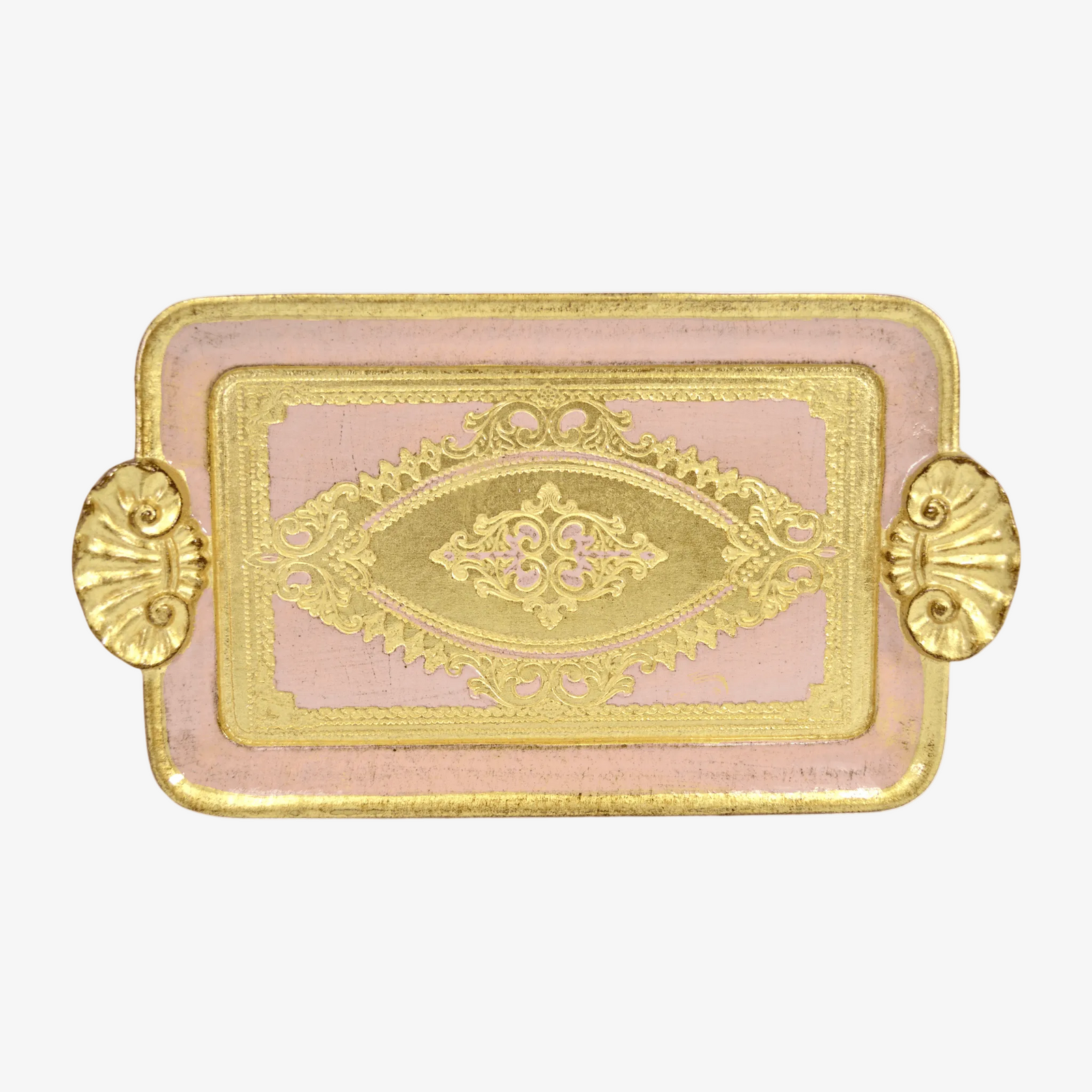 Decorative Florentine carved wood rectangle mini tray with shell handles, made in Italy, by My Italian Decor.