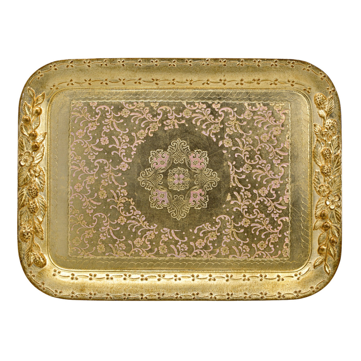 Florentine Wood Rectangle Berry and Botanical Tray, Made in Italy