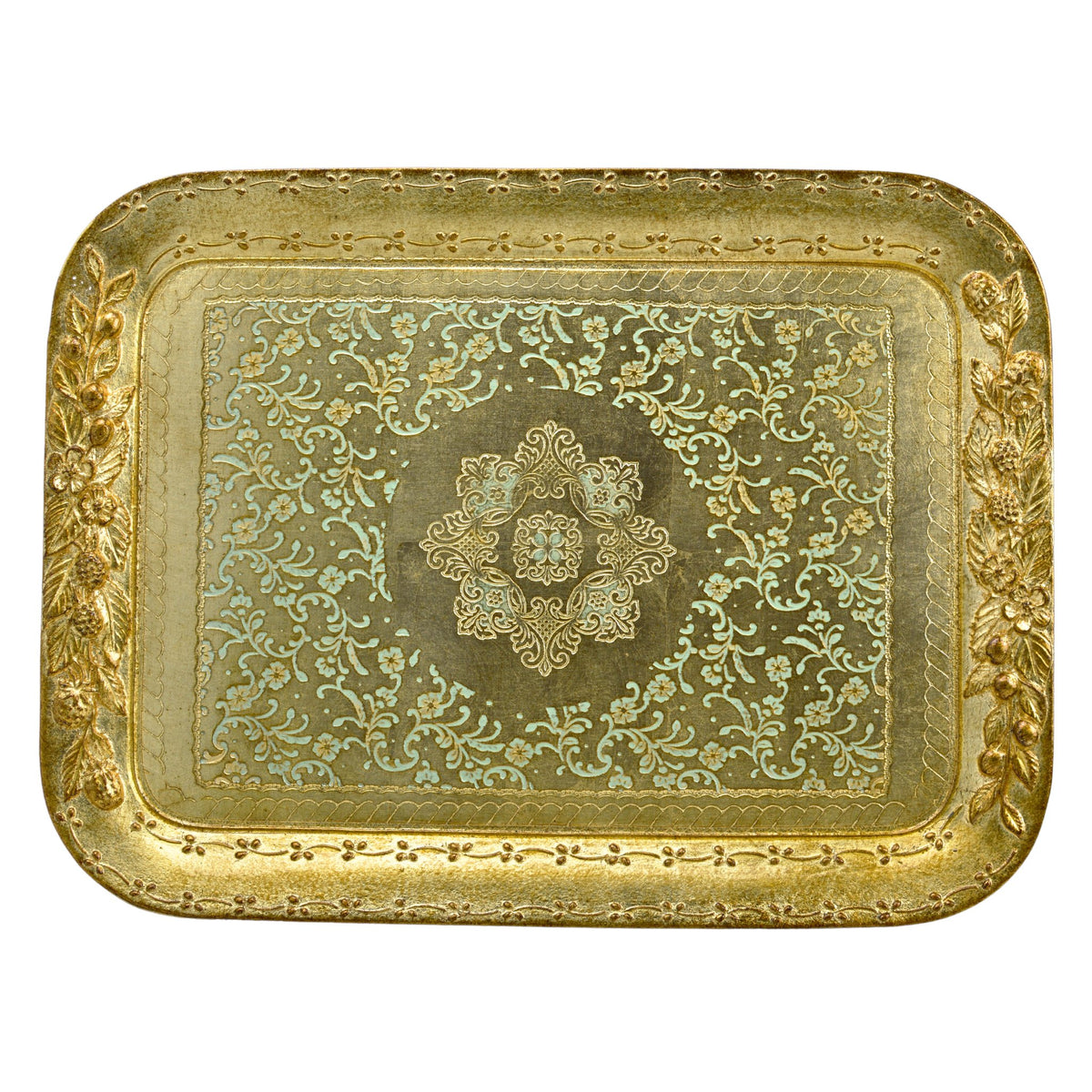 Florentine Wood Rectangle Berry and Botanical Tray, Made in Italy