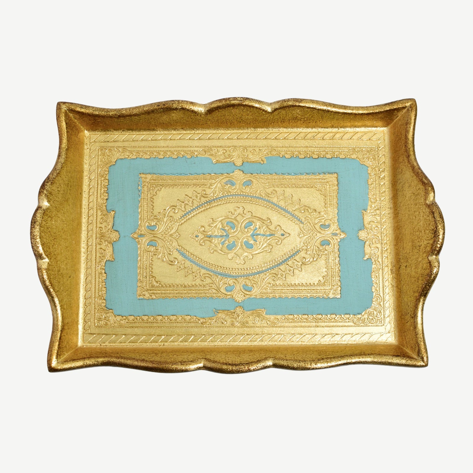 Decorative Florentine carved deep-sided rectangle tray by My Italian Decor, featuring intricate Italian craftsmanship and design.