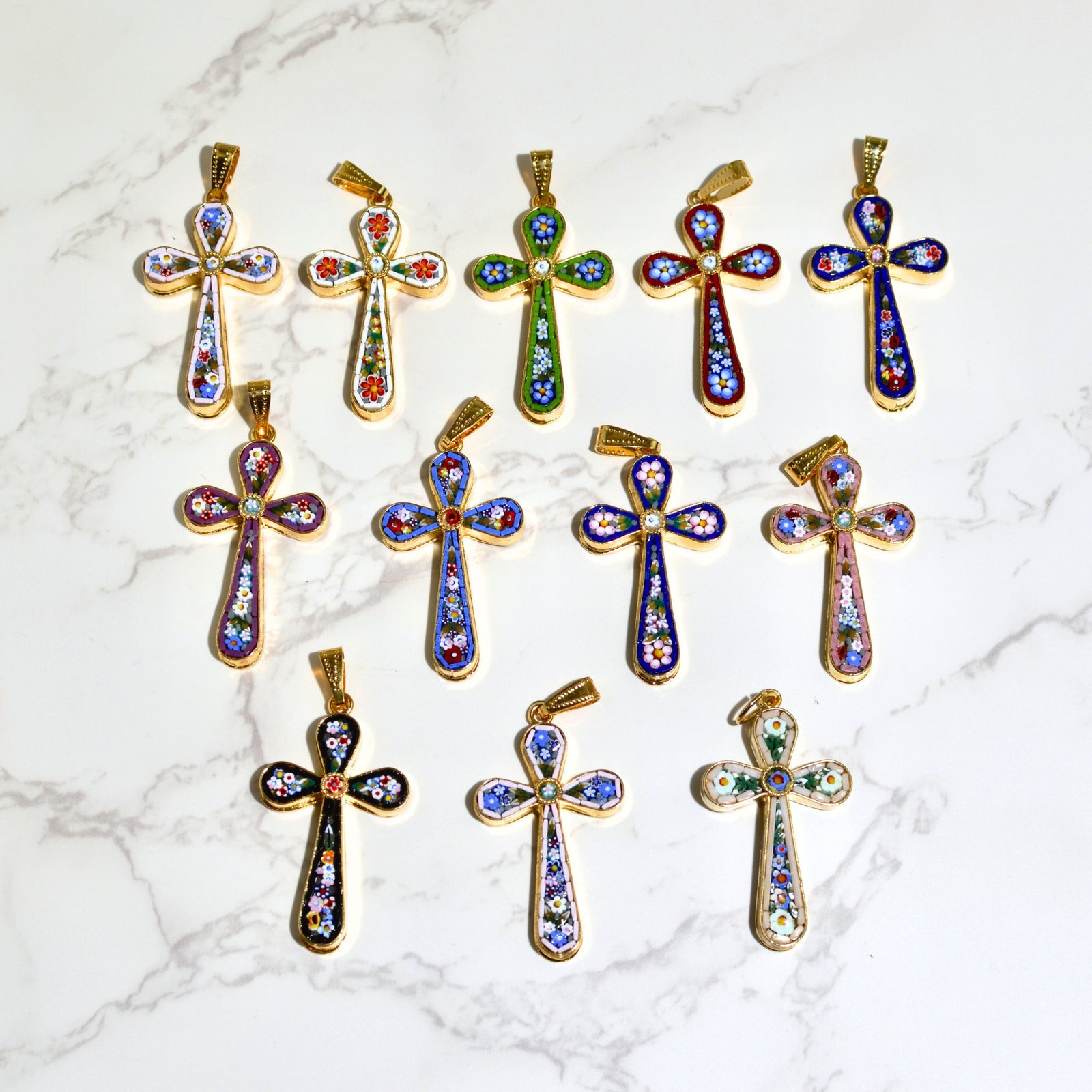 Florentine Glass Mosaic Cross Pendant, Floral Design, Made In Italy - My Italian Decor