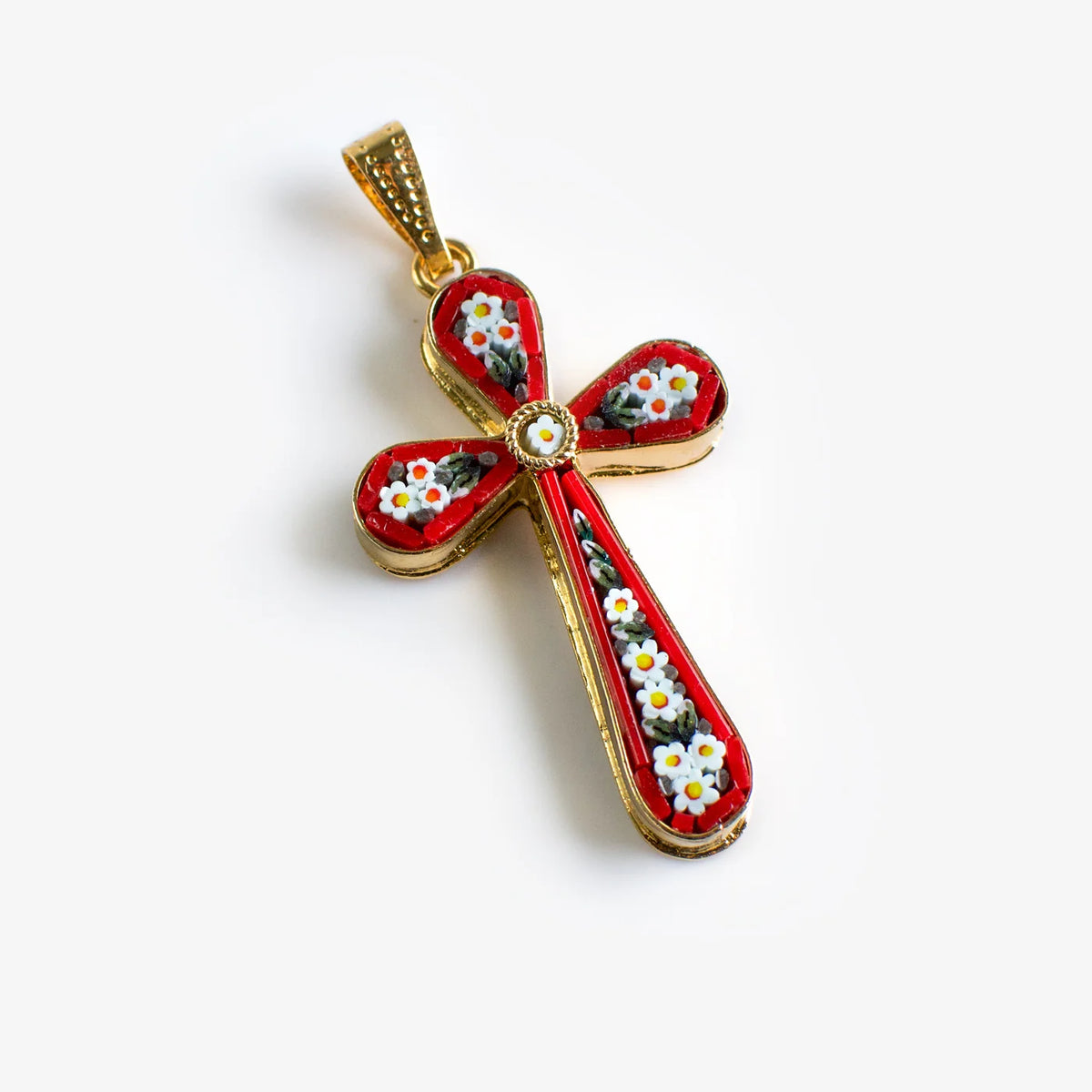 Florentine Glass Mosaic Cross Pendant, Floral Design, Made In Italy - My Italian Decor