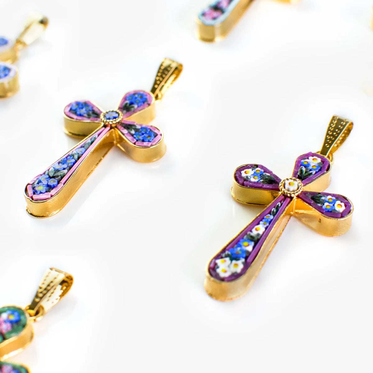 Florentine Glass Mosaic Cross Pendant, Floral Design, Made In Italy - My Italian Decor