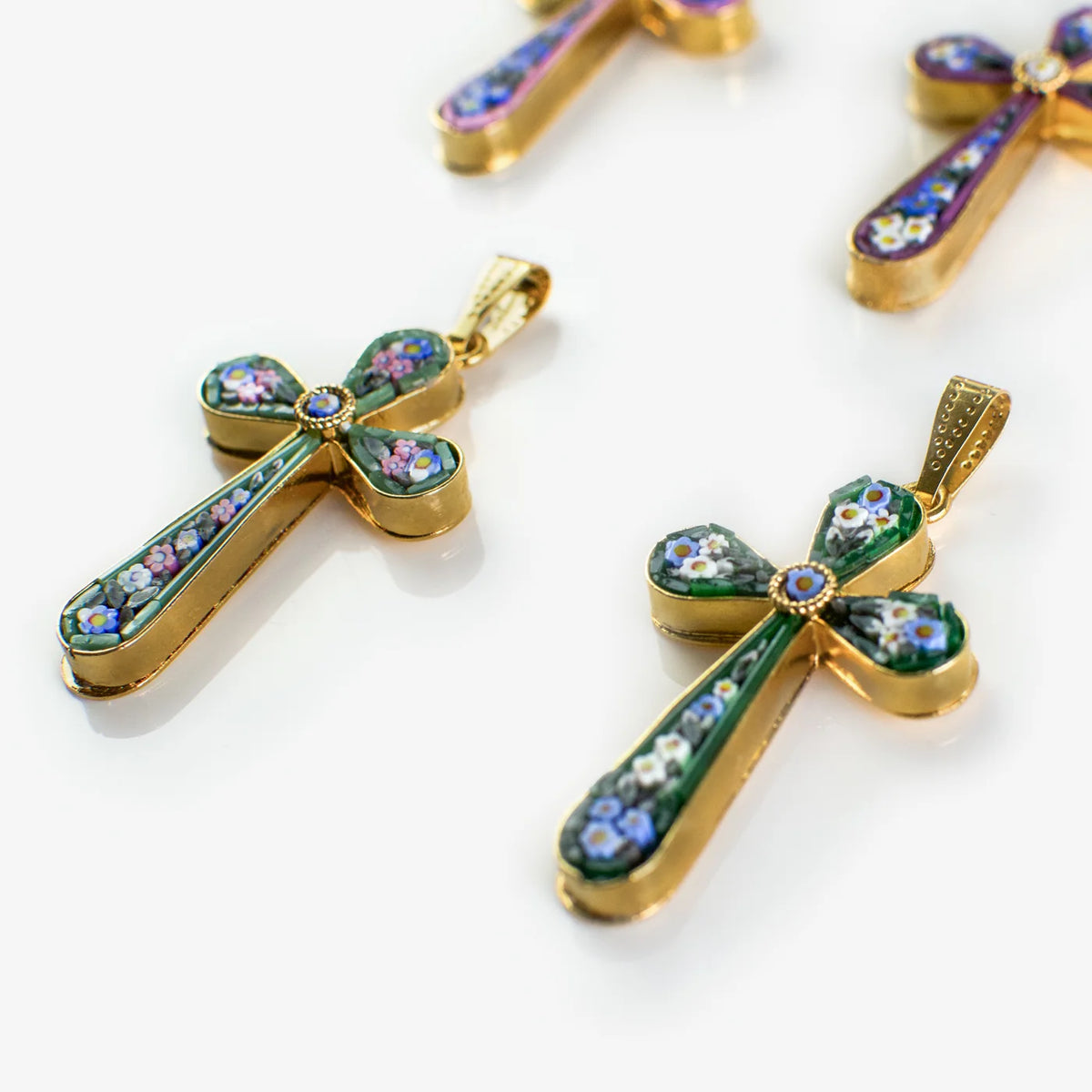 Florentine Glass Mosaic Cross Pendant, Floral Design, Made In Italy - My Italian Decor