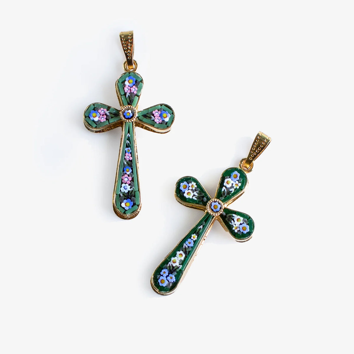 Florentine Glass Mosaic Cross Pendant, Floral Design, Made In Italy - My Italian Decor