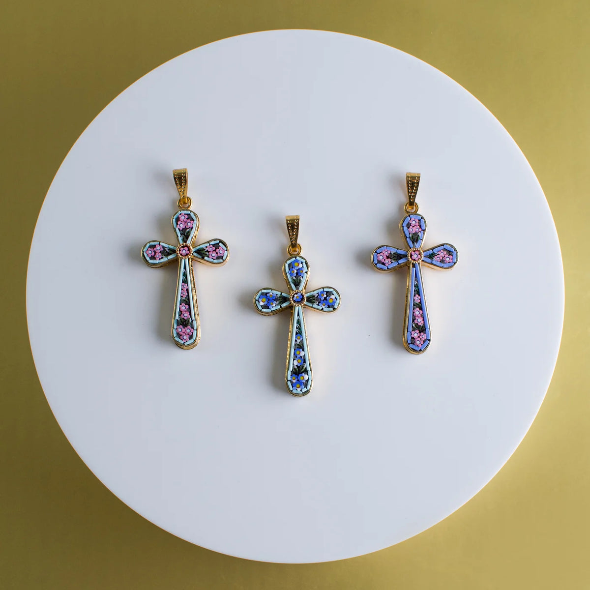 Florentine Glass Mosaic Cross Pendant, Floral Design, Made In Italy - My Italian Decor