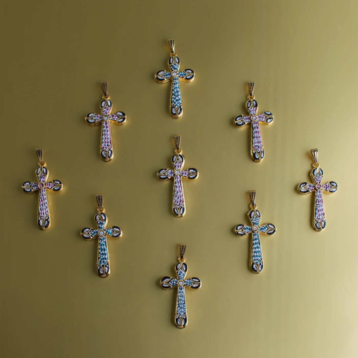 Florentine mosaic cross pendant with millefiori glass, made in Italy, featuring vibrant colorful patterns on a silver-tone cross.