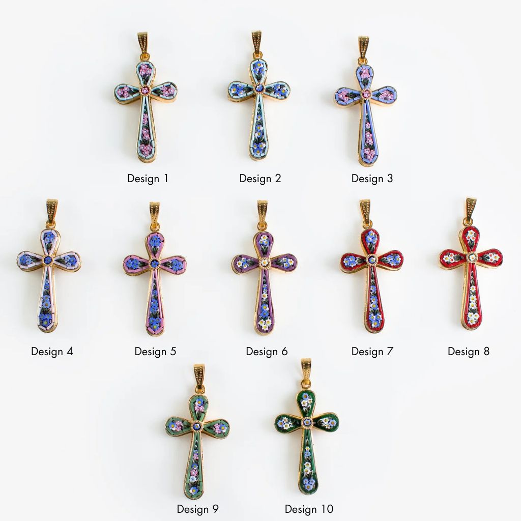 Florentine glass mosaic cross pendant with floral design, handcrafted in Italy, featuring vibrant colored glass and intricate details.