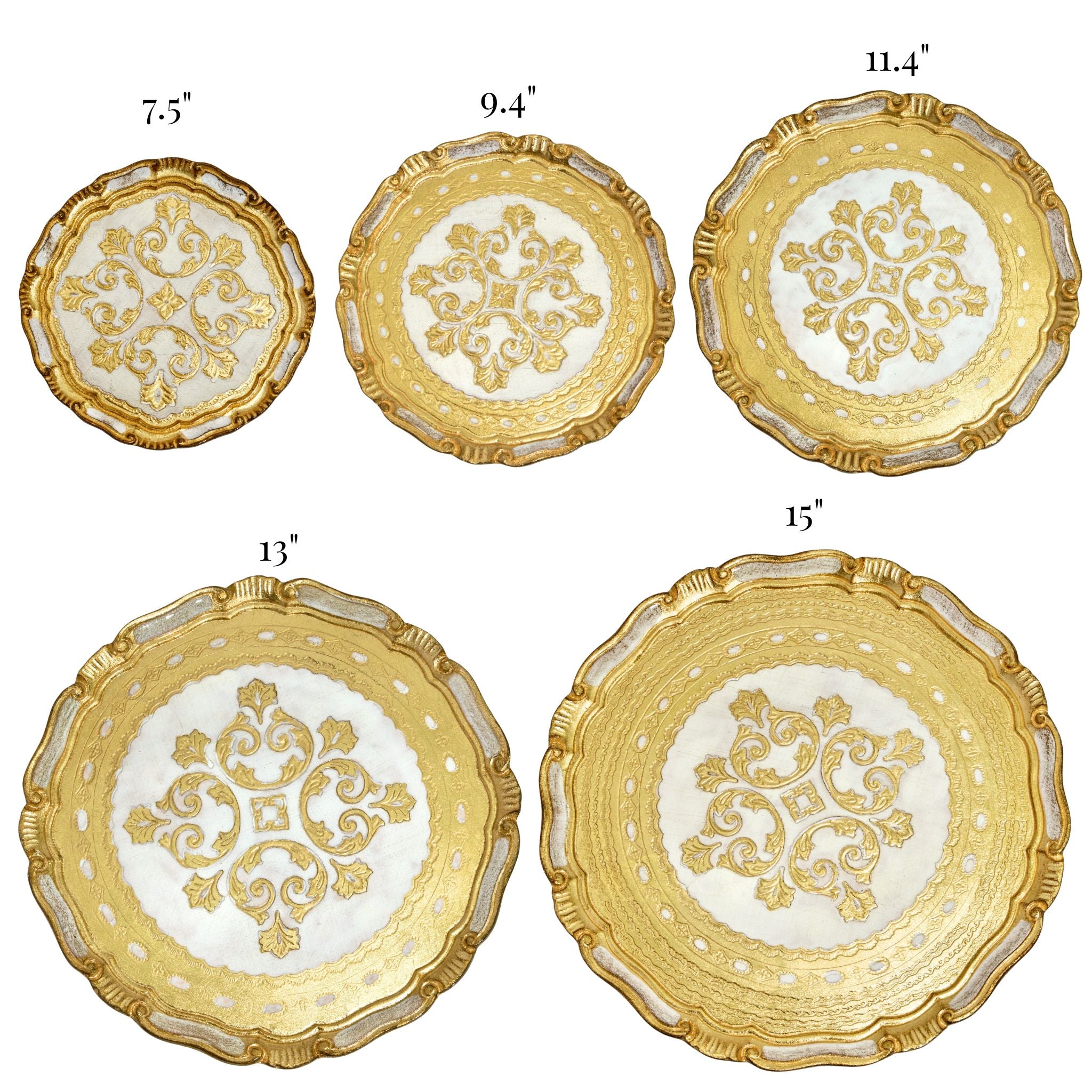 Decorative Florentine carved gilded wood circle tray with intricate detailing, made in Italy, by My Italian Decor.