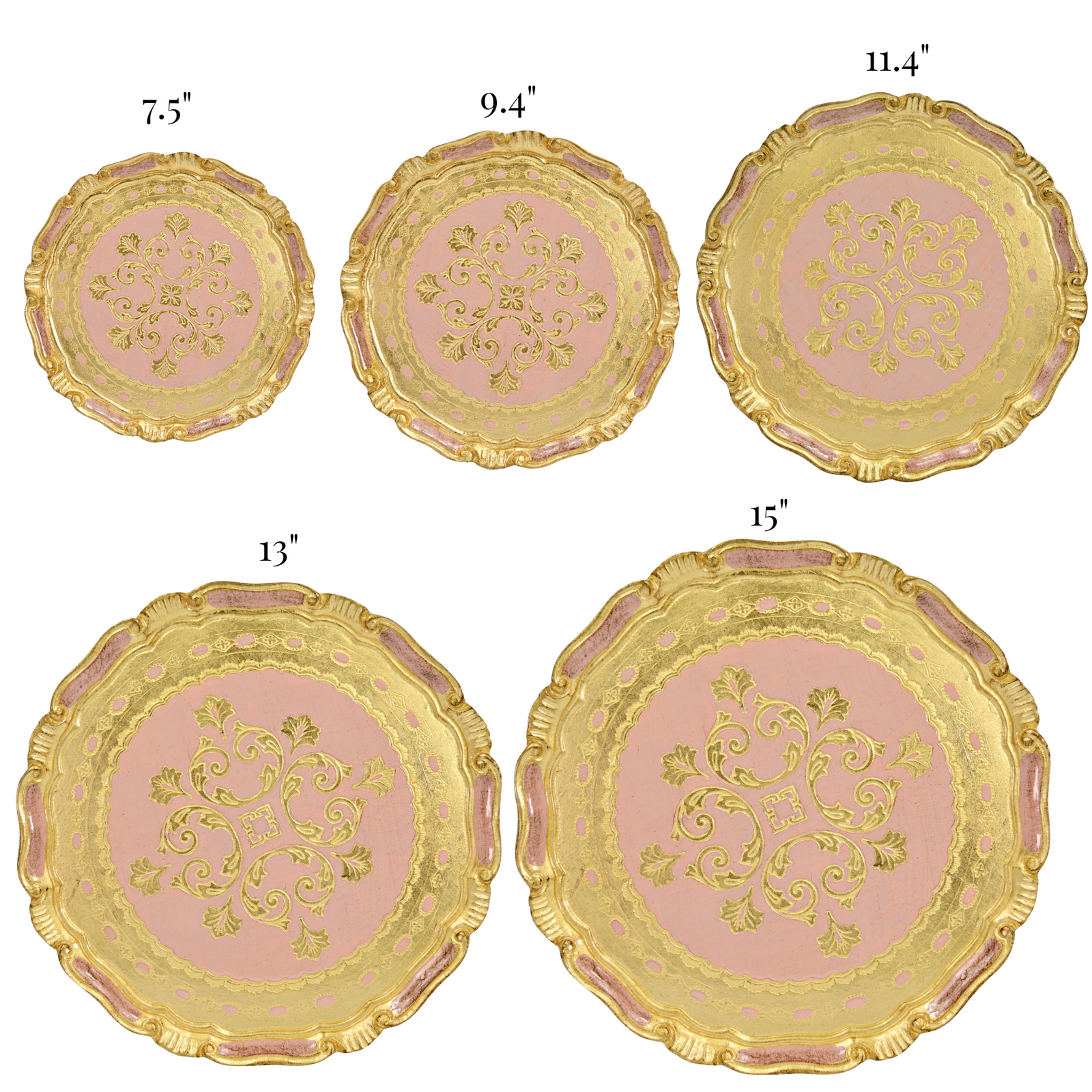 Decorative Florentine carved gilded wood circle tray in various colors, crafted in Italy by My Italian Decor.