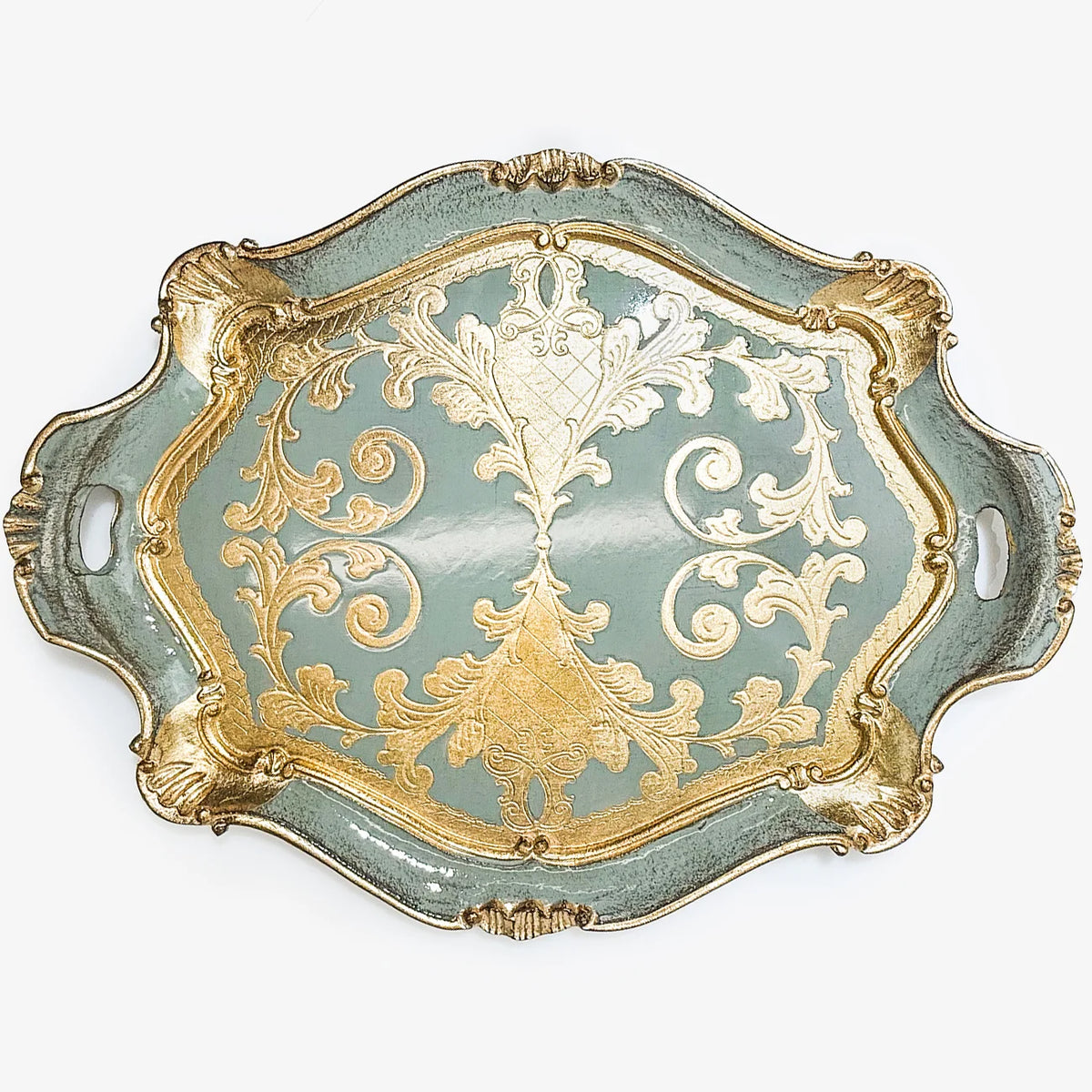 Florentine Carved Oval Scalloped Wood Tray with Handles