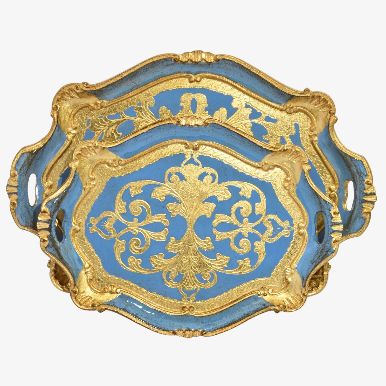 Decorative Florentine carved oval scalloped wood tray with handles, in assorted colors, by My Italian Decor for elegant home serving.