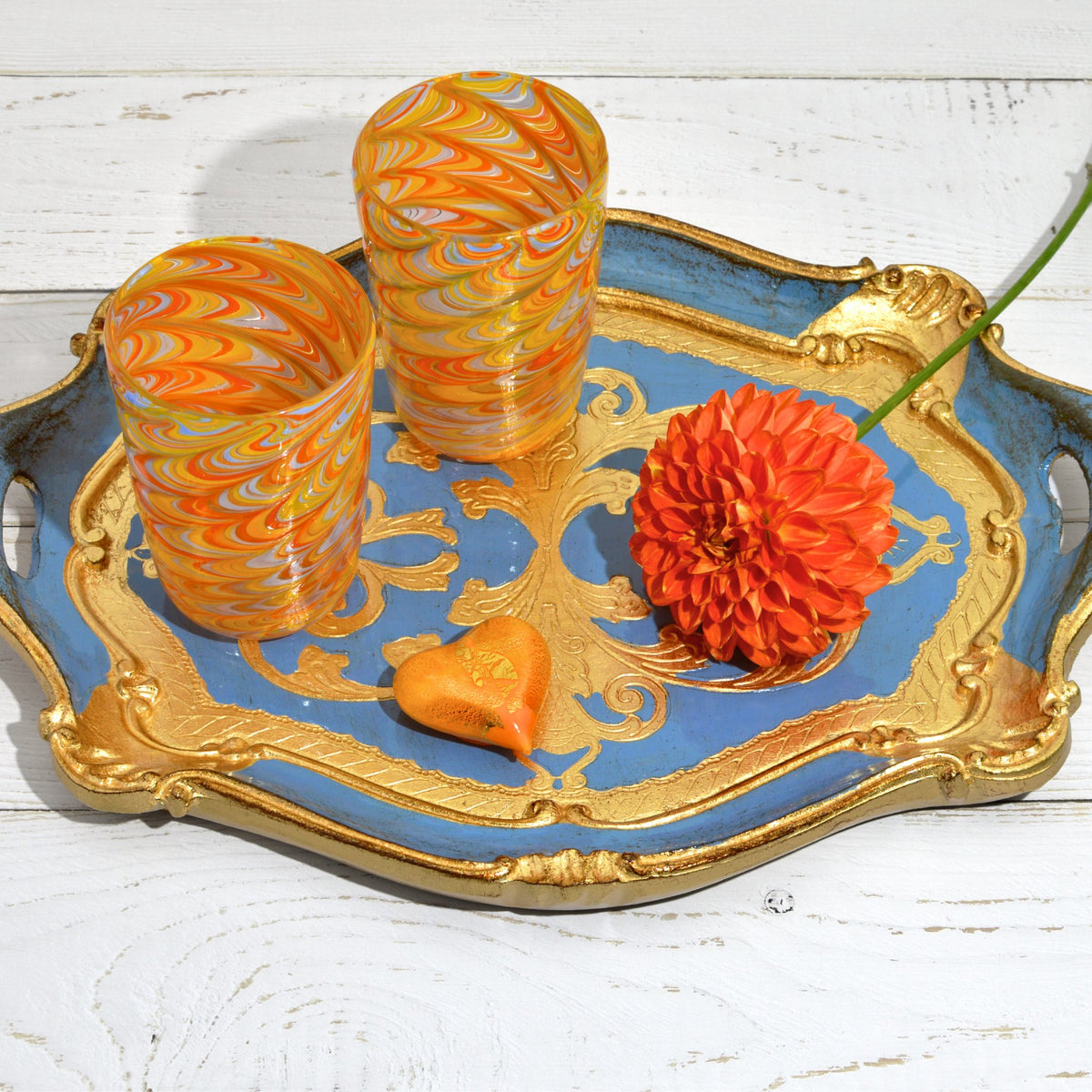 Florentine Carved Oval Scalloped Wood Tray with Handles